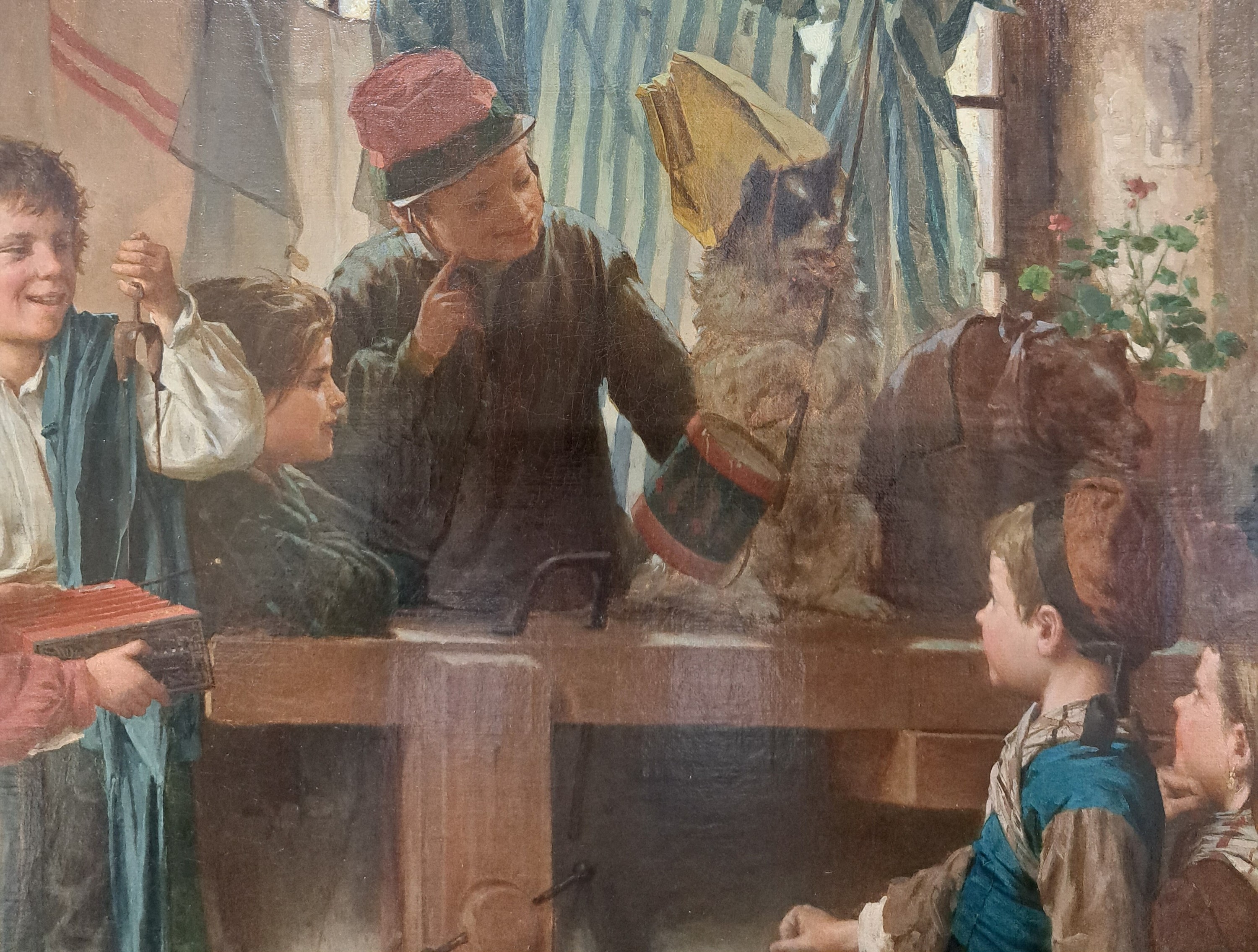 Detail f: Antoine Edouard Joseph Moulinet, 1833 Olouzac-1891 Chartres, Kinder in einer Werkstatt, auf der Werkbank führt ein Junge ein verkleidetes Hündchen ...