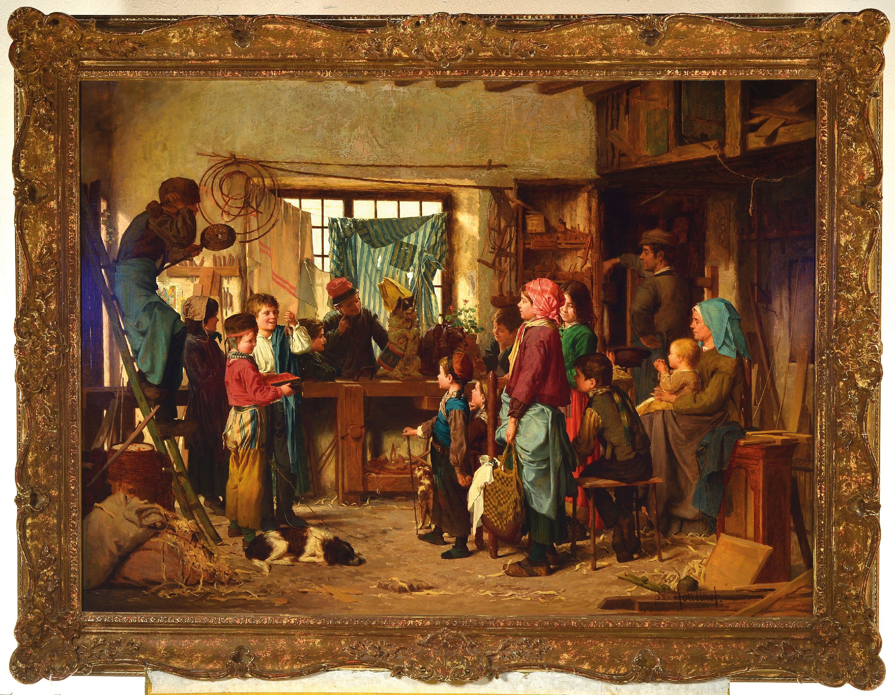 Detail k: Antoine Edouard Joseph Moulinet, 1833 Olouzac-1891 Chartres, Kinder in einer Werkstatt, auf der Werkbank führt ein Junge ein verkleidetes Hündchen ...