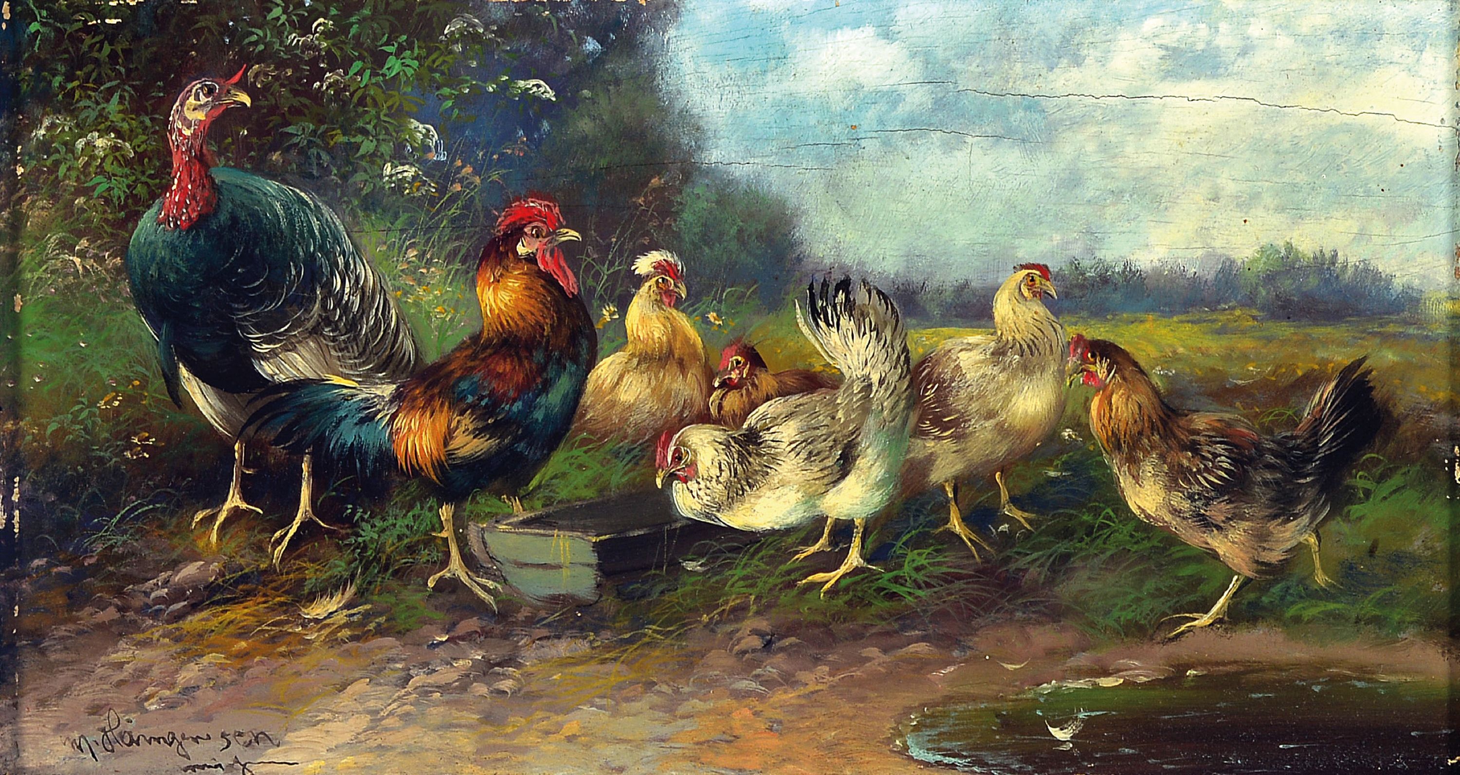 Max Hänger sen., 1874 München-1941 Fürstenfeldbruck, Hühnerhof, Öl/Holz, links unten sign., ca. 15x25cm, R. ca. 32x43cm