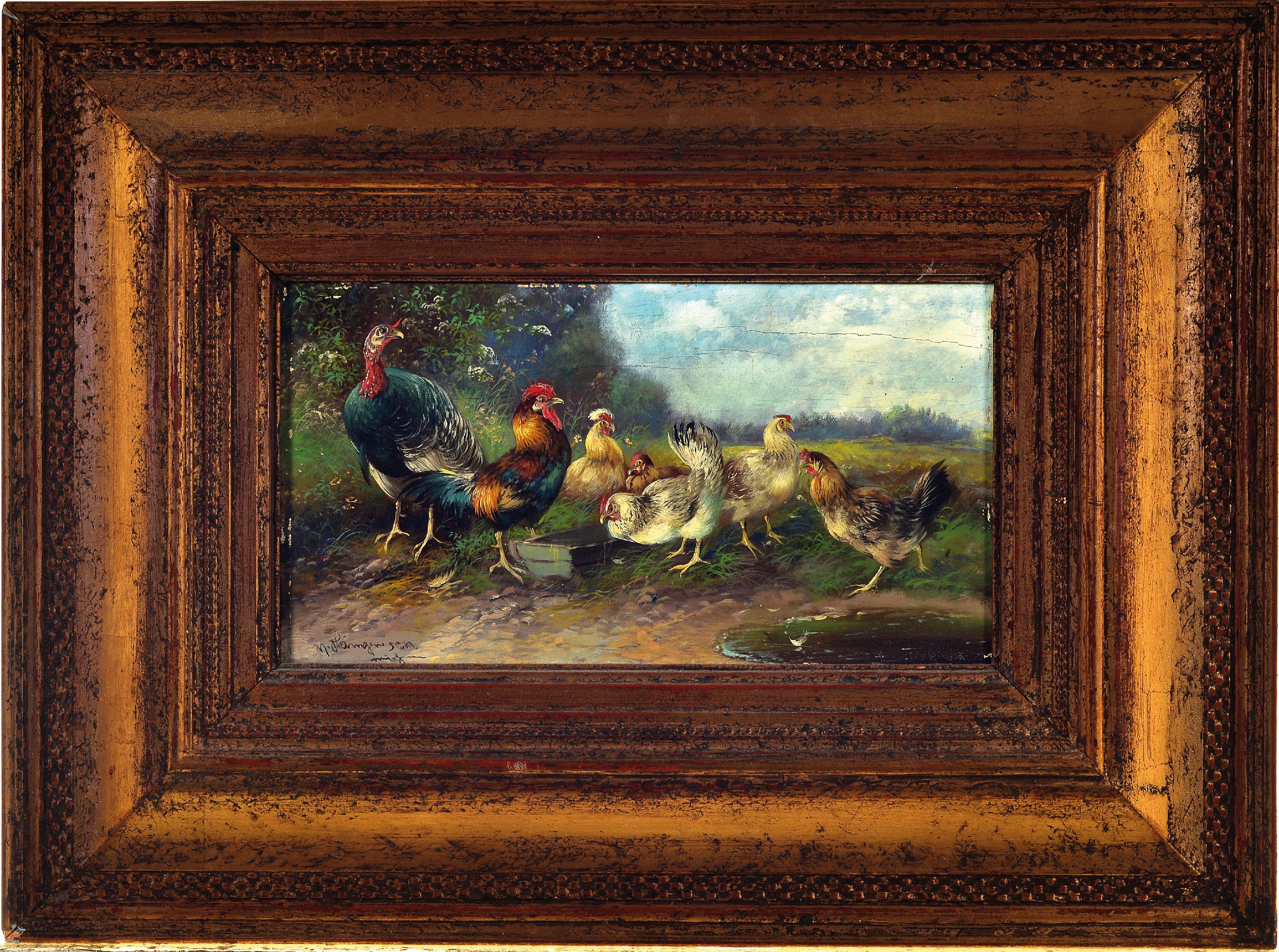 Detail k: Max Hänger sen., 1874 München-1941 Fürstenfeldbruck, Hühnerhof, Öl/Holz, links unten sign., ca. 15x25cm, R. ca. 32x43cm