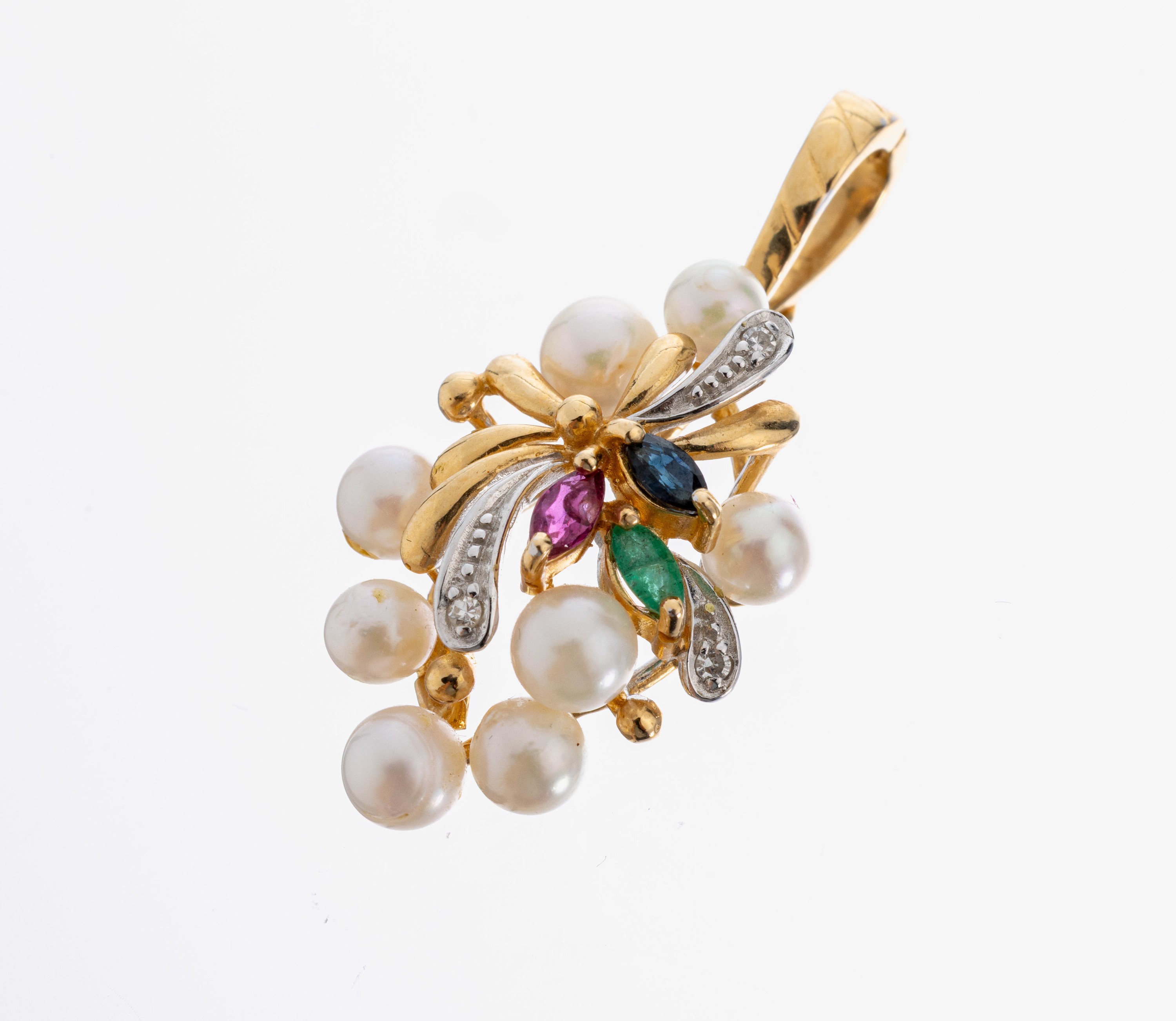 Image 27023478 - 14 kt Gold Perl-Farbstein-Diamant- Clipanhänger, GG 585/000, 8 Akoyazuchtperlen in ...