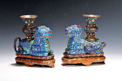 Image couple of Censers, China, around 1920, silver, in shape of foo dogs with vases, colorful ...