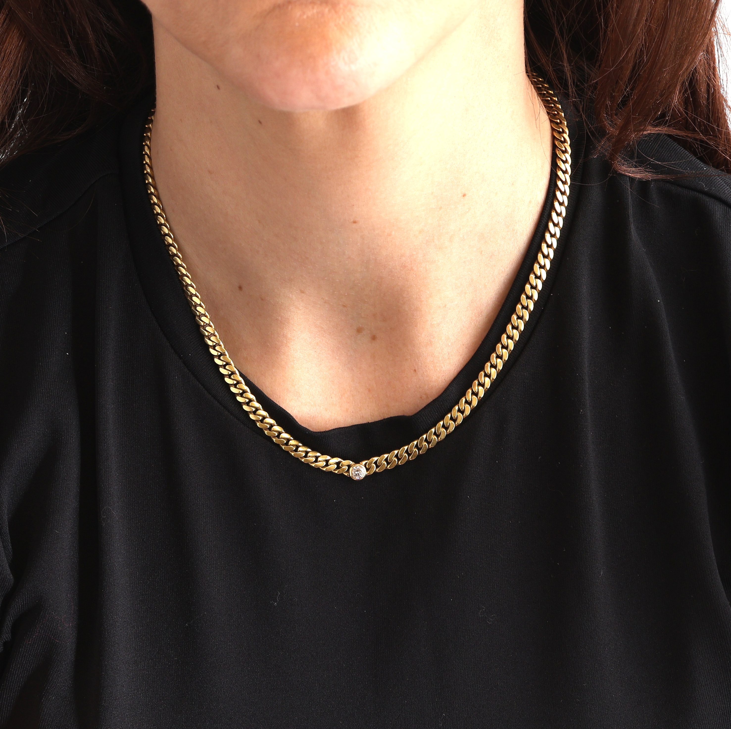 Detail d: 18 kt Gold Brillant-Collier, GG 750/000, Brillant ca. 0.15 ct Weiß/si, L. ca. 42 cm, Kastenschloss mit 2 Sicherheitsachten, ca. 34.5 g