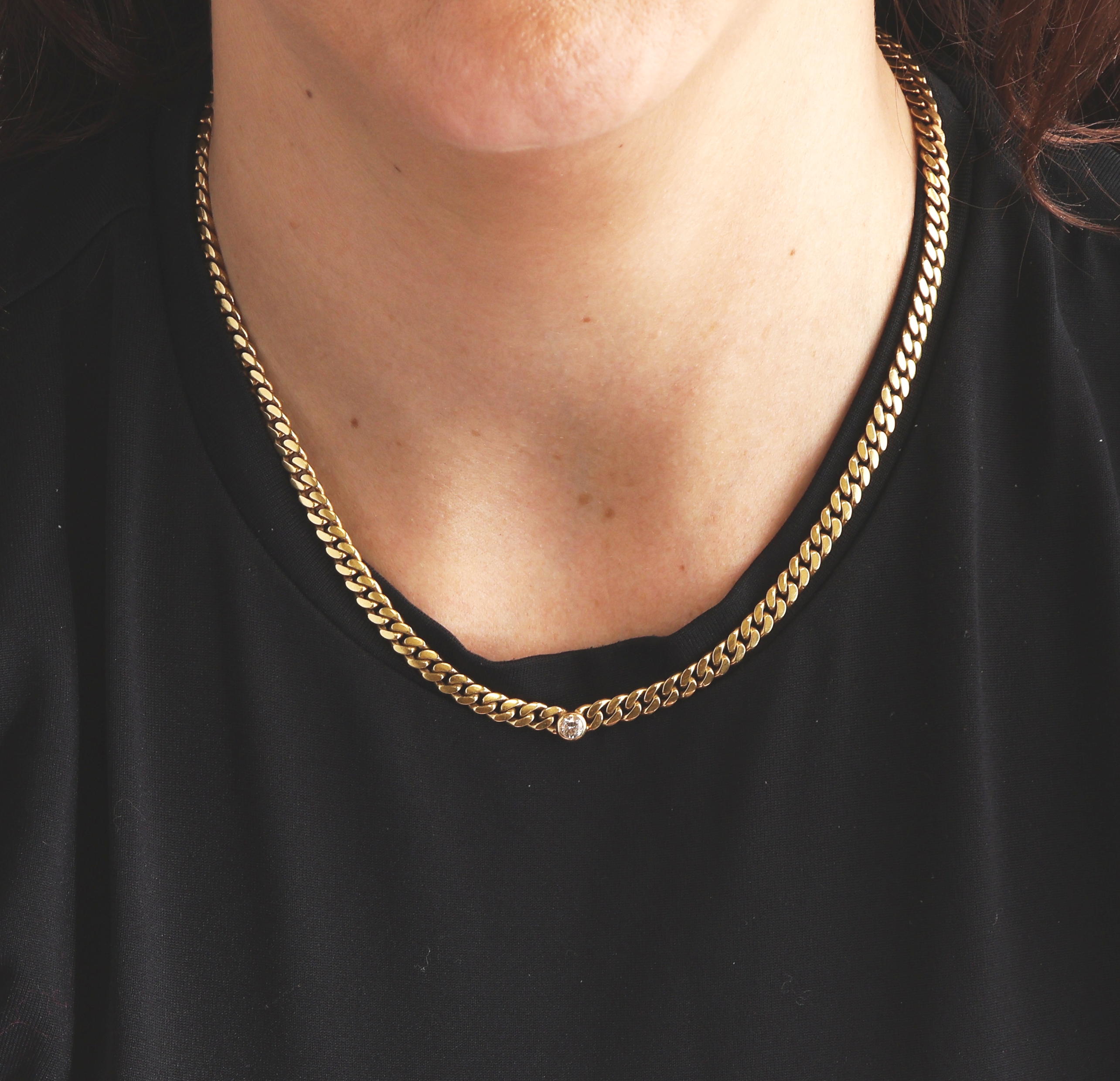 Detail e: 18 kt Gold Brillant-Collier, GG 750/000, Brillant ca. 0.15 ct Weiß/si, L. ca. 42 cm, Kastenschloss mit 2 Sicherheitsachten, ca. 34.5 g