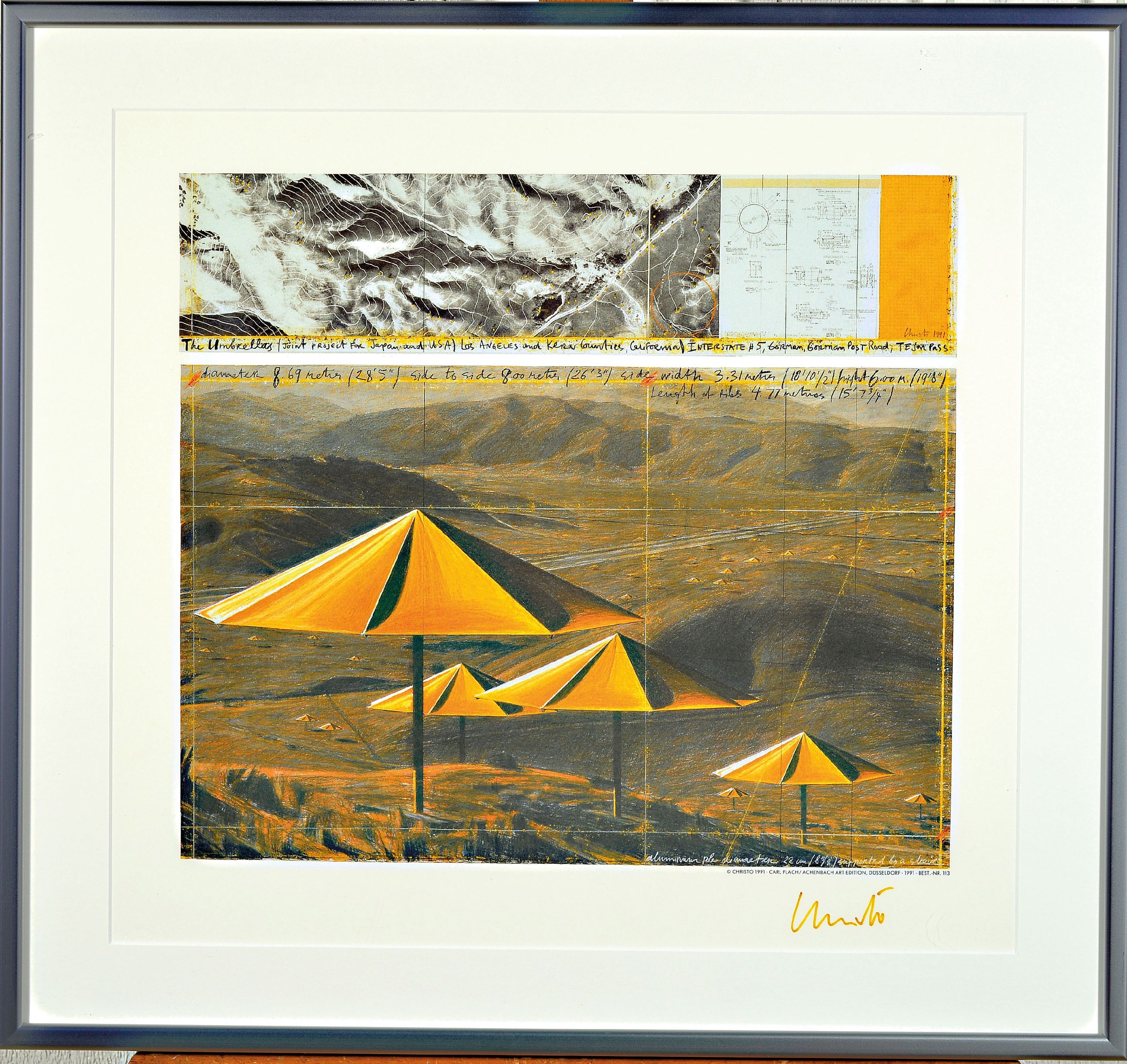 Detail k: Christo, 1935-2020, "The Umbrellas", Offsetlithografie auf dünnem Karton, Achenbach Art Edition 1991, handsign., Plexiglas gerahmt, Blatt ...