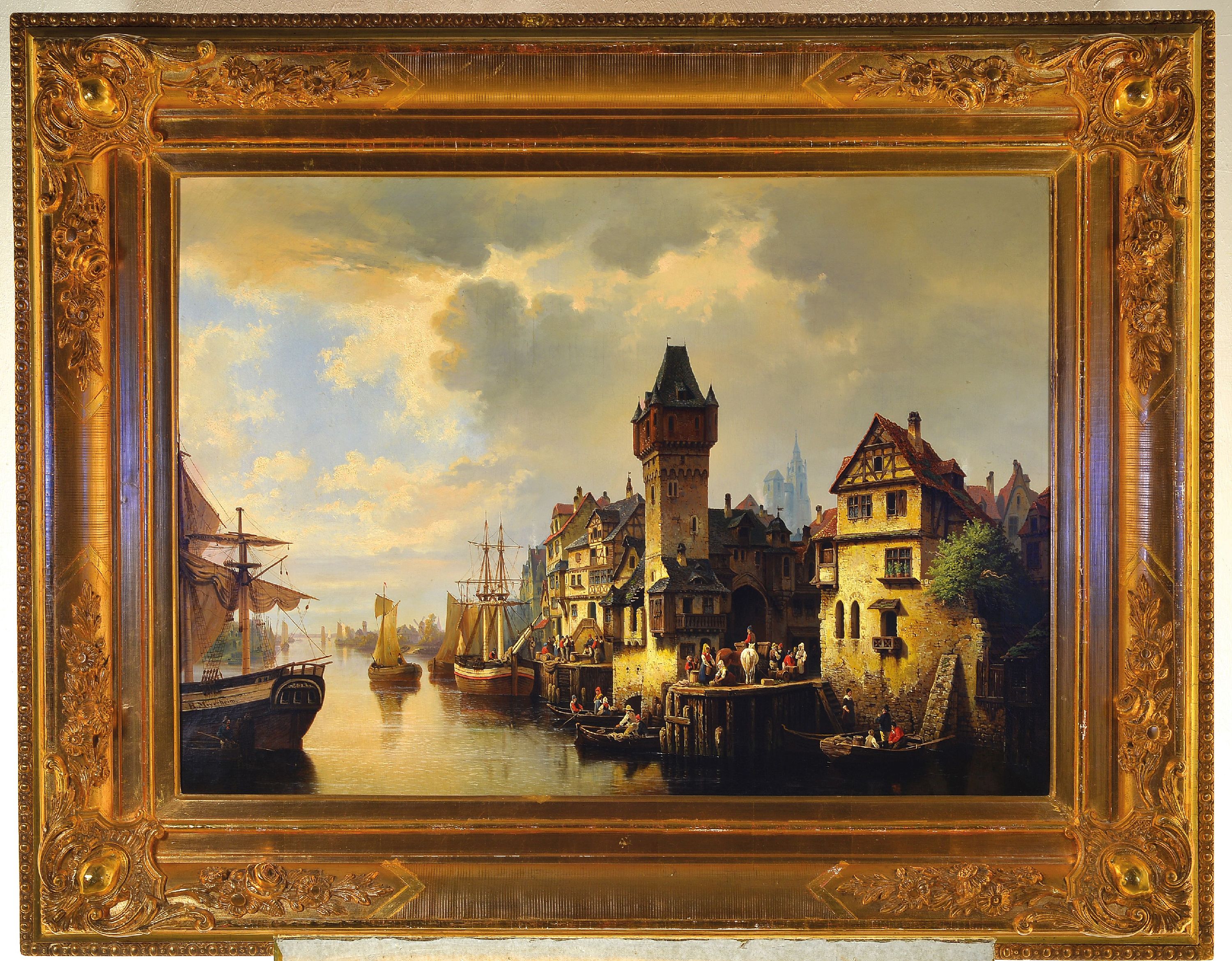 Detail k: Hermann Meyerheim, 1828 Danzig-1903 Berlin, Hafenansicht wohl von Rotterdam, bewegte Szenerie mit reicher Personenstaffage, links unten im Schiff ...