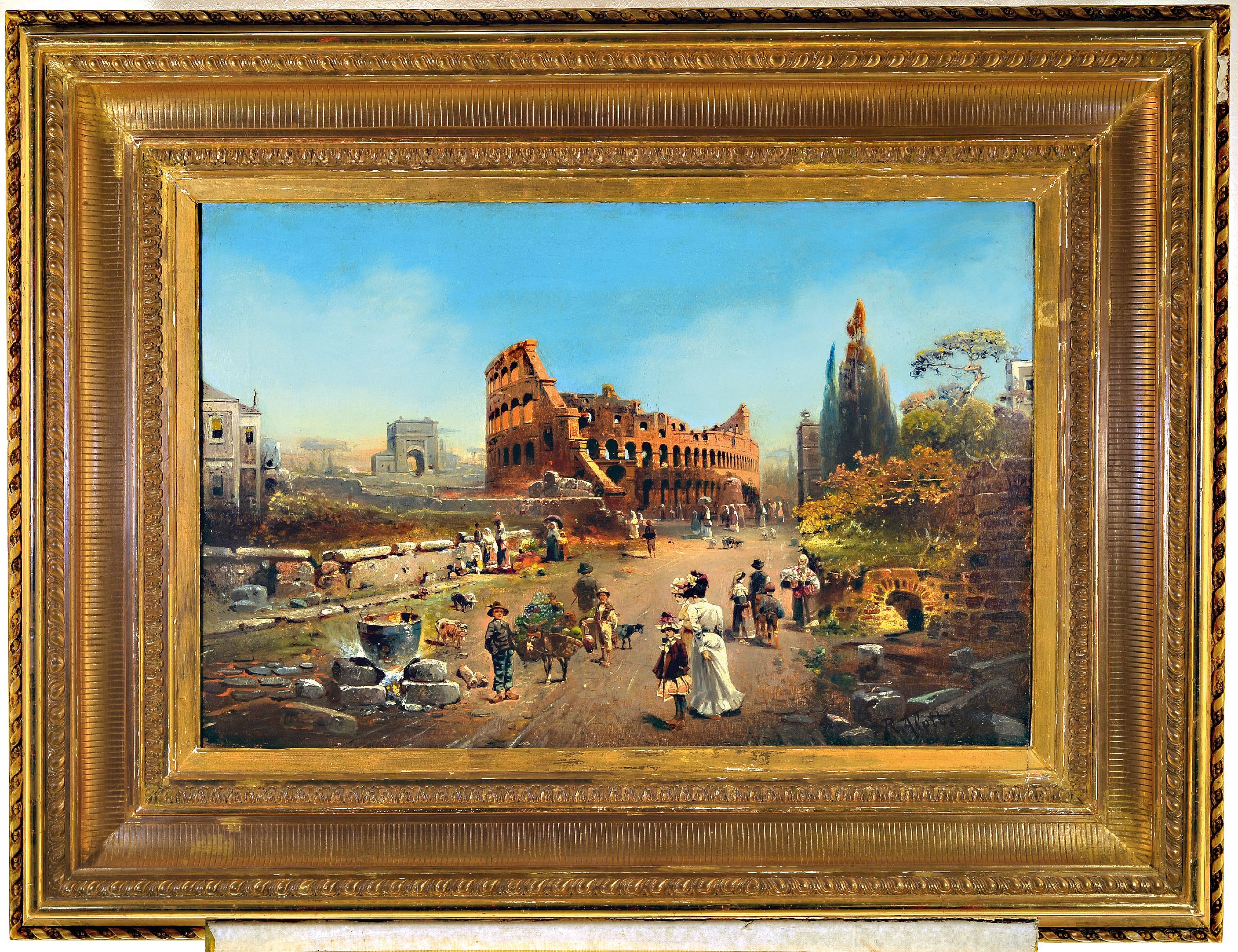 Detail k: Robert Alott, 1850 Graz-1910 Wien, römische Stadtlandschaft, Blick auf das abendlich glühende Kolosseum, im Hintergrund der stilisierte Titusbogen, ...
