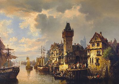 Image Hermann Meyerheim, 1828 Danzig-1903 Berlin, Hafenansicht wohl von Rotterdam, bewegte ...