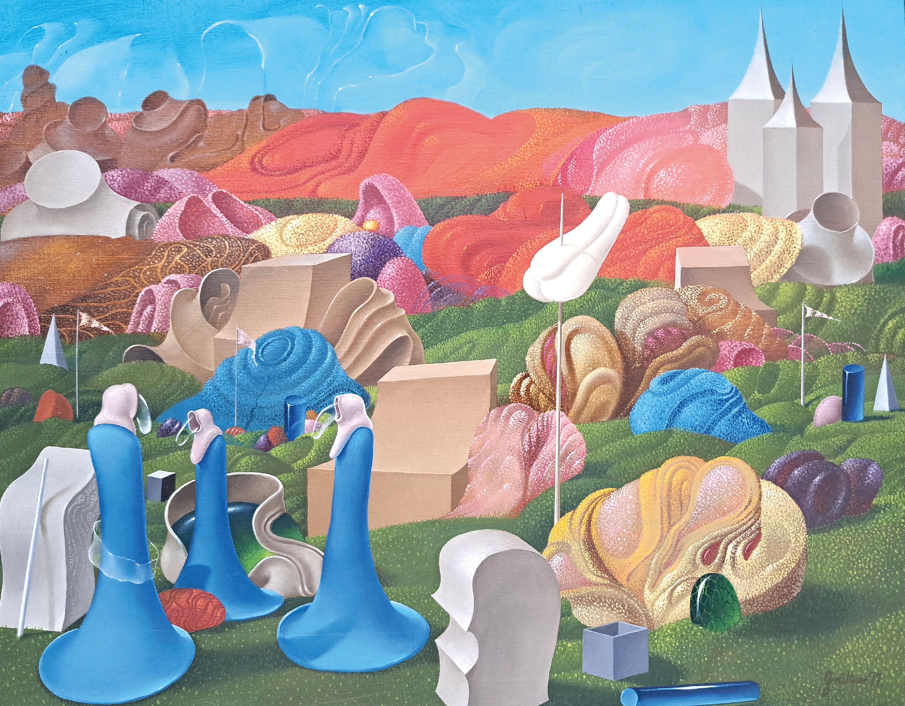 Detail k: Frank Arno Grüttner, 1840-Berlin-2019 Frankfurt am Main, Surrealistische Landschaft mit Figuren, Öl/Lwd, rechts unten sign., dat. 77, ca. 40x50 cm, ...