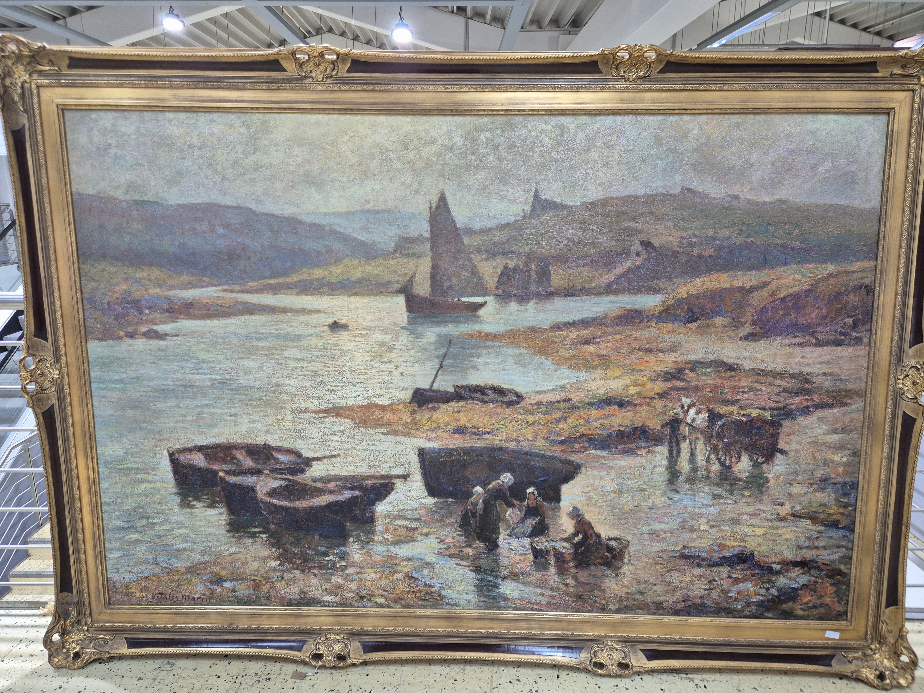 Detail a: Vitalis Morin, 1867-1936, französischer Künstler, Küstenlandschaft in der Bretagne mit Wäscherinnen am Ufer, links unten signiert, Öl/Lwd, ...