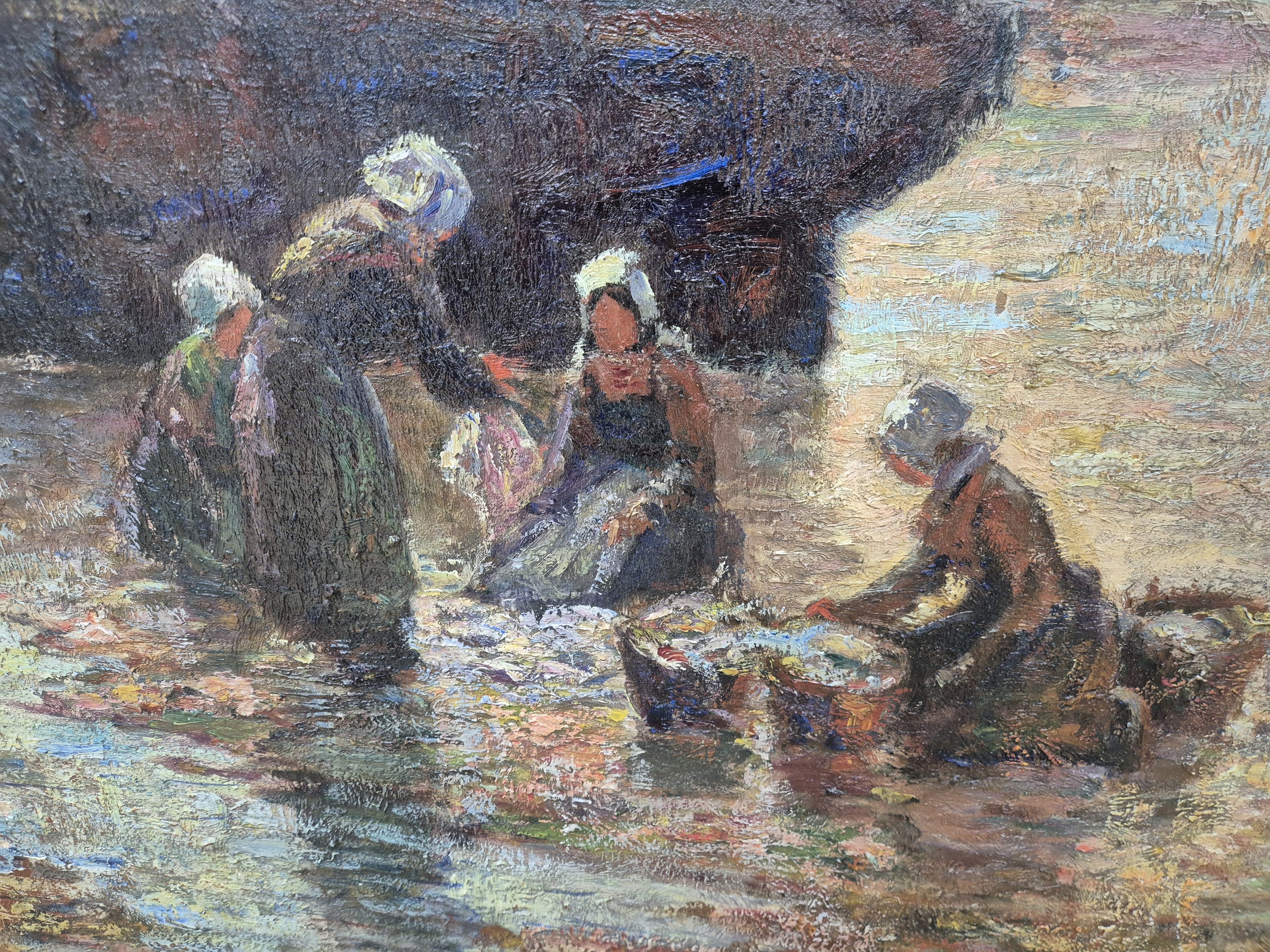 Detail d: Vitalis Morin, 1867-1936, französischer Künstler, Küstenlandschaft in der Bretagne mit Wäscherinnen am Ufer, links unten signiert, Öl/Lwd, ...