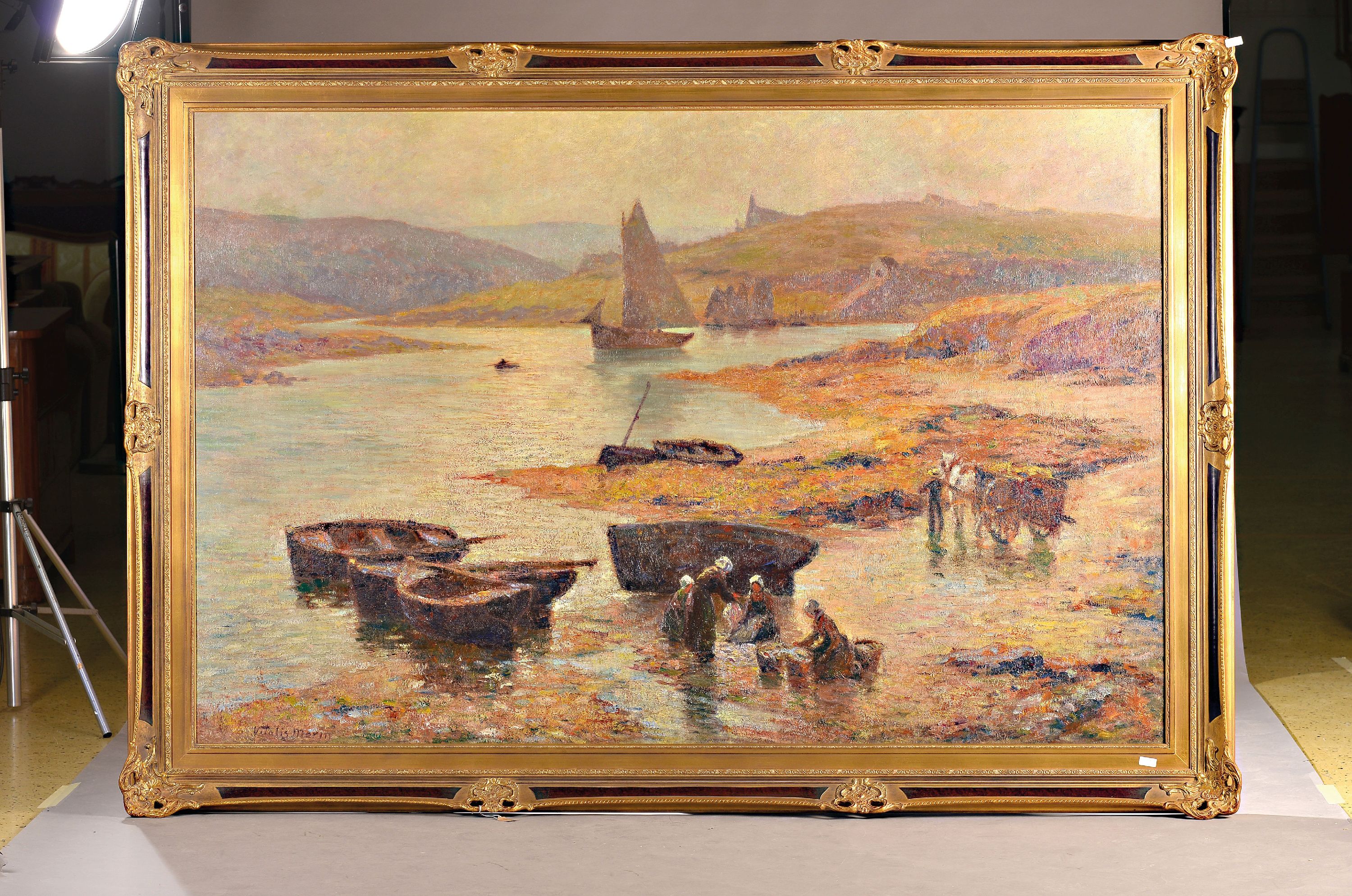 Detail k: Vitalis Morin, 1867-1936, französischer Künstler, Küstenlandschaft in der Bretagne mit Wäscherinnen am Ufer, links unten signiert, Öl/Lwd, ...