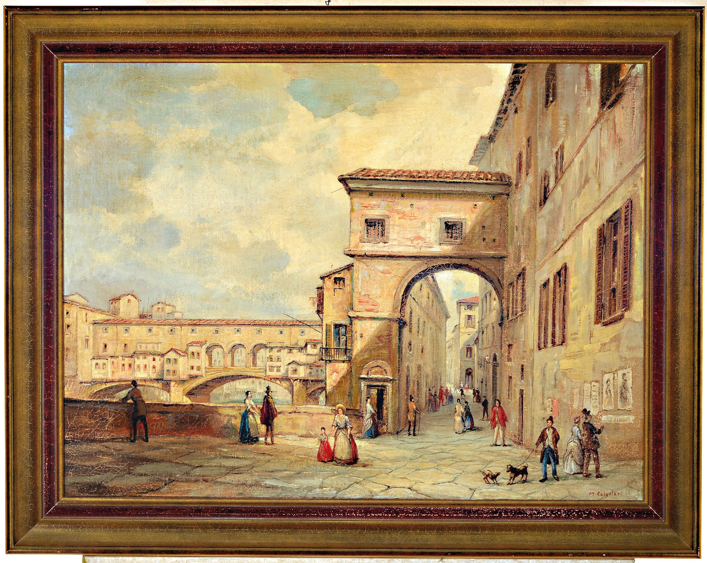 Detail k: Matilda Calzolari, ital. Künstlerin des 19.Jh., Straßenszene aus Florenz, Blick auf den Ponte Vecchio, rechts unten signiert, Öl/Lwd, stärker ...