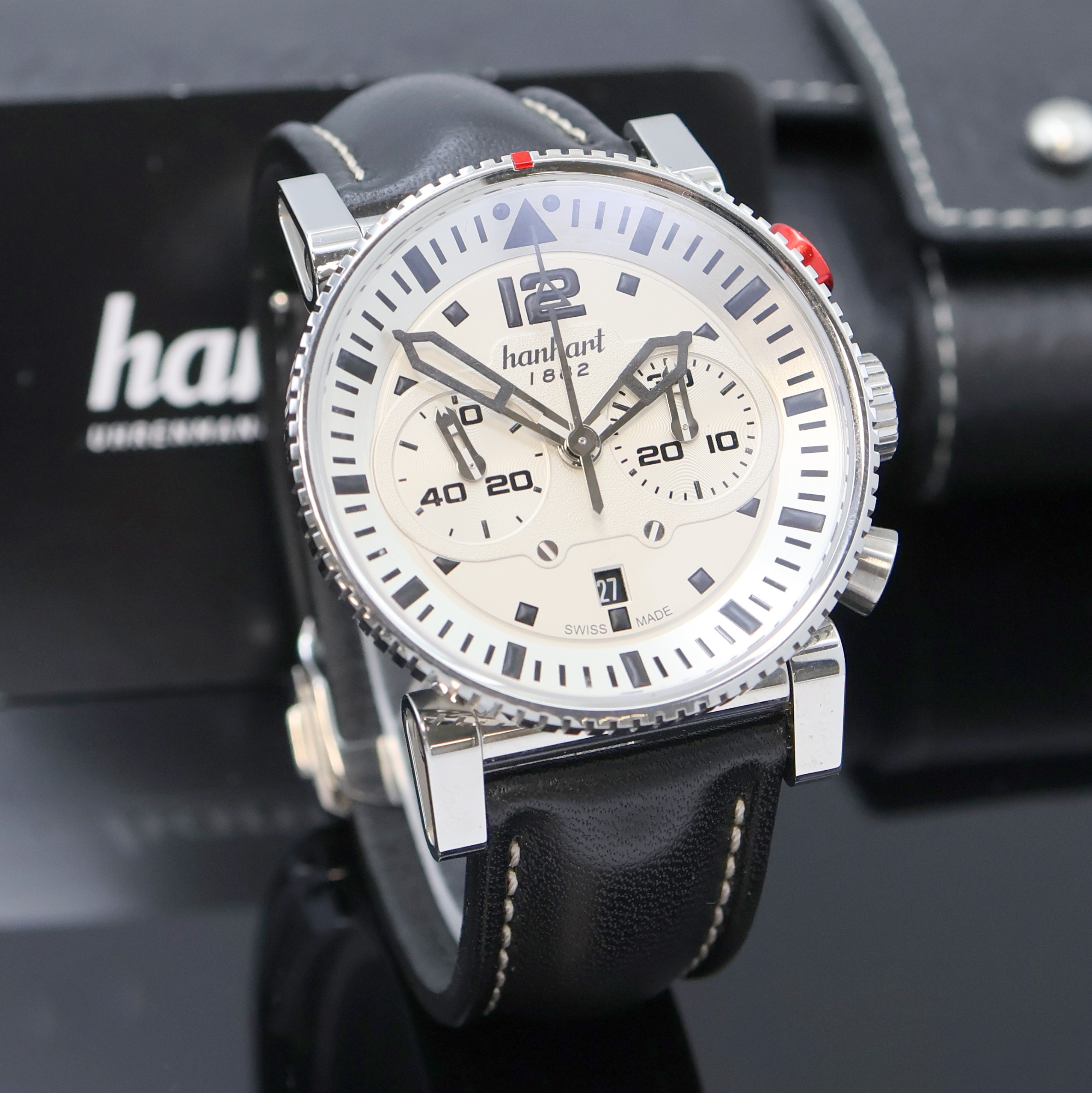 Detail b: HANHART Primus Armbandchronograph Referenz HPP09.2, Schweiz verk. lt. beil. Garantie 11/2009, Automatik, beids. vergl. Edelstahlgeh., Boden 7-fach ...