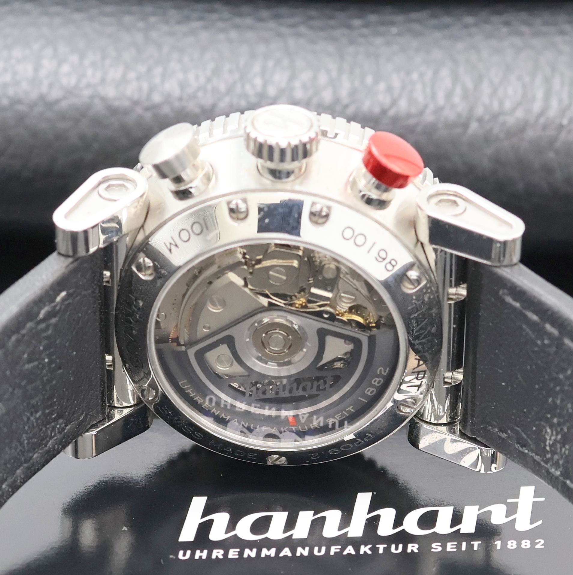 Detail e: HANHART Primus Armbandchronograph Referenz HPP09.2, Schweiz verk. lt. beil. Garantie 11/2009, Automatik, beids. vergl. Edelstahlgeh., Boden 7-fach ...