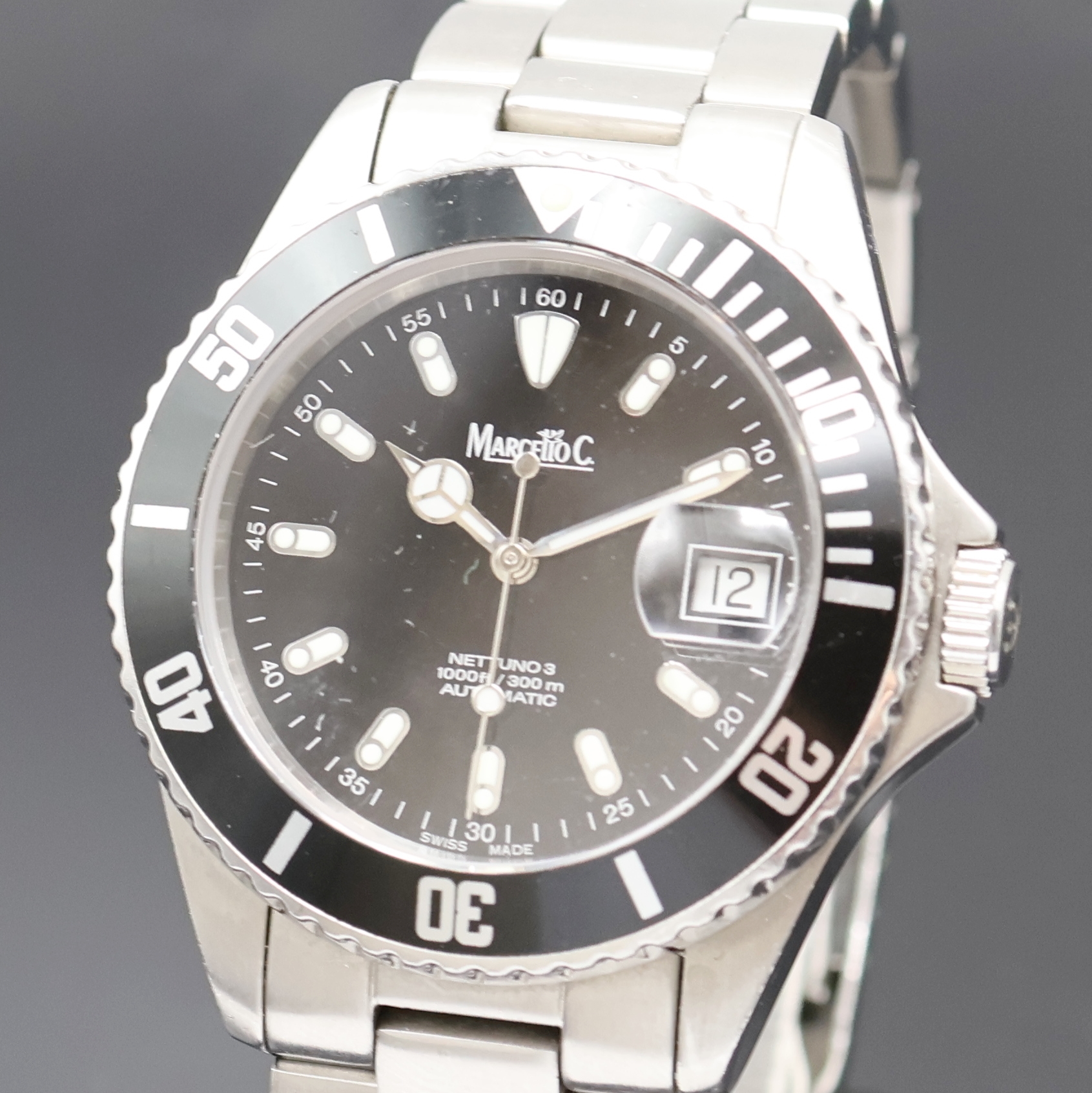 Detail a: MARCELLO C Herrenarmbanduhr Nettuno 3 in Stahl Referenz 2007, Schweiz um 2010, Automatik, orig. Gliederband m. Faltschl., Boden u. Krone verschr., ...