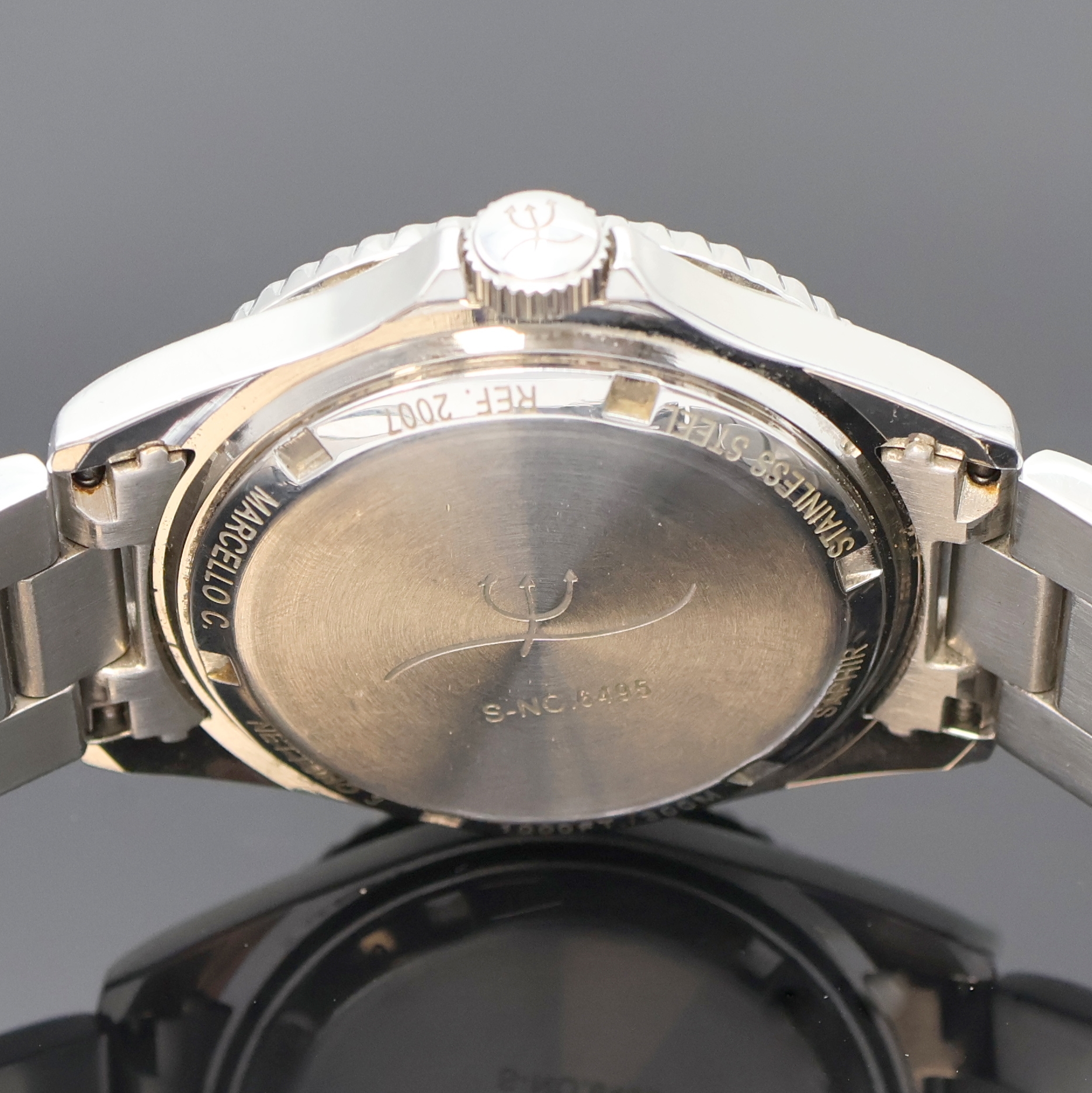 Detail e: MARCELLO C Herrenarmbanduhr Nettuno 3 in Stahl Referenz 2007, Schweiz um 2010, Automatik, orig. Gliederband m. Faltschl., Boden u. Krone verschr., ...