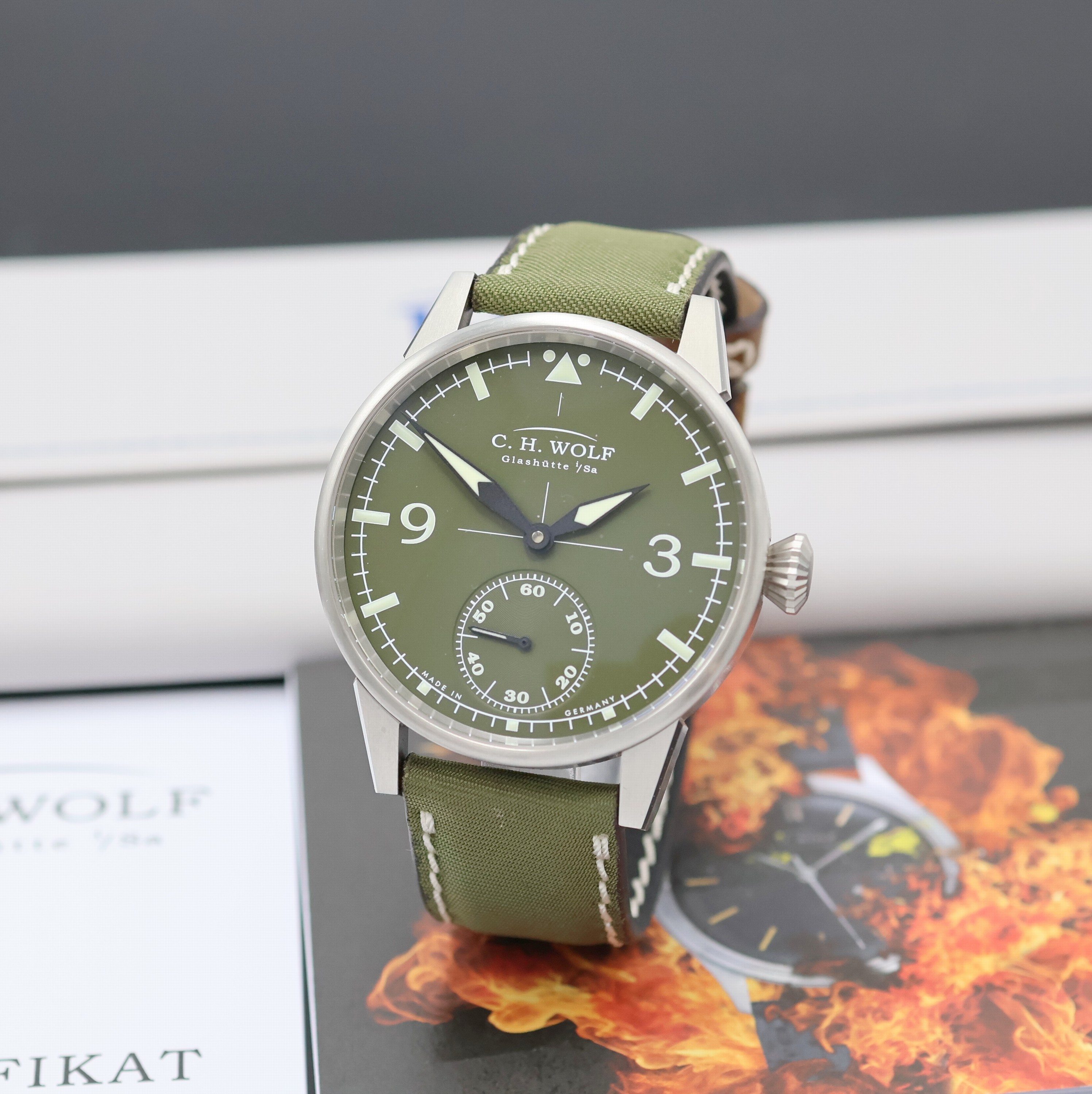 Image 27023988 - C.H. WOLF Pilot Green Herrenarmbanduhr in Stahl, Deutschland verk. lt. beil. Garantie ...