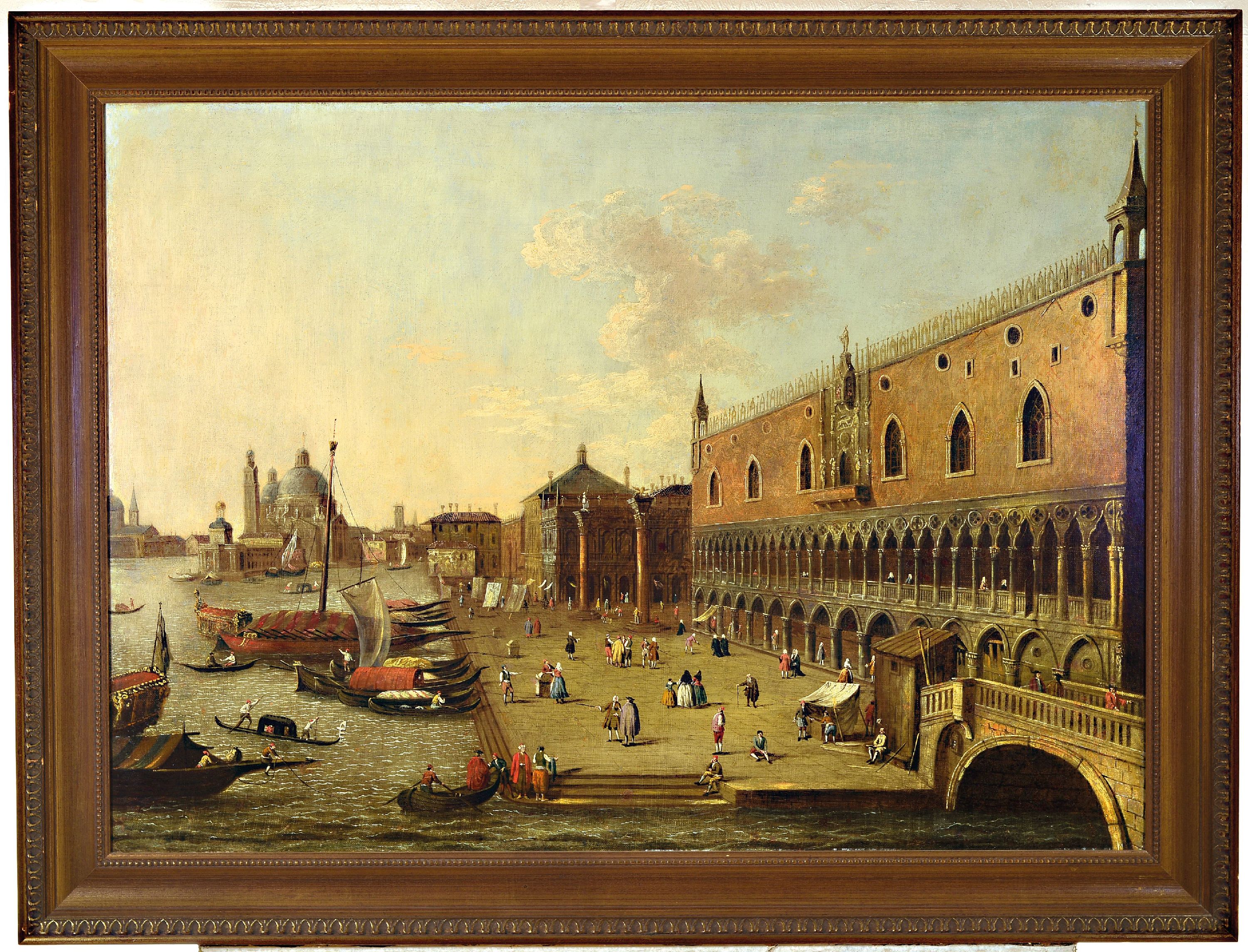 Detail k: Zuschreibung: Giacomo Guardi, 1764-1835, Vedute von Venedig, Blick entlang des Palazzo Ducale auf Santa Maria della Salute, reiche Figurenstaffage in ...