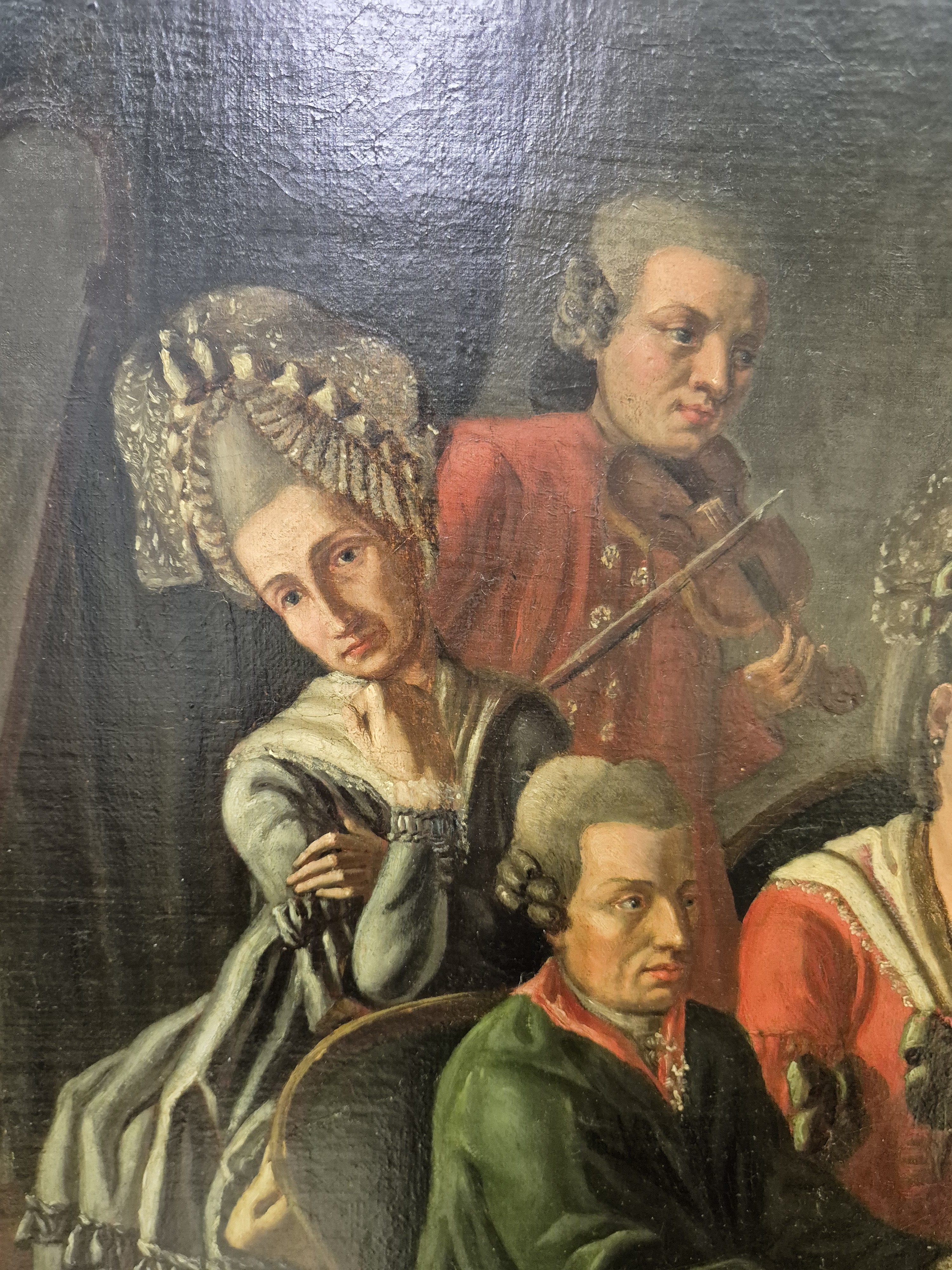 Detail b: Unbekannter Künstler der 2. Hälfte des 18.Jh. , Hauskonzert, Familienoberhaupt am Cembalo, die Damen beim Gesang, Haartracht und Kleidung des ...