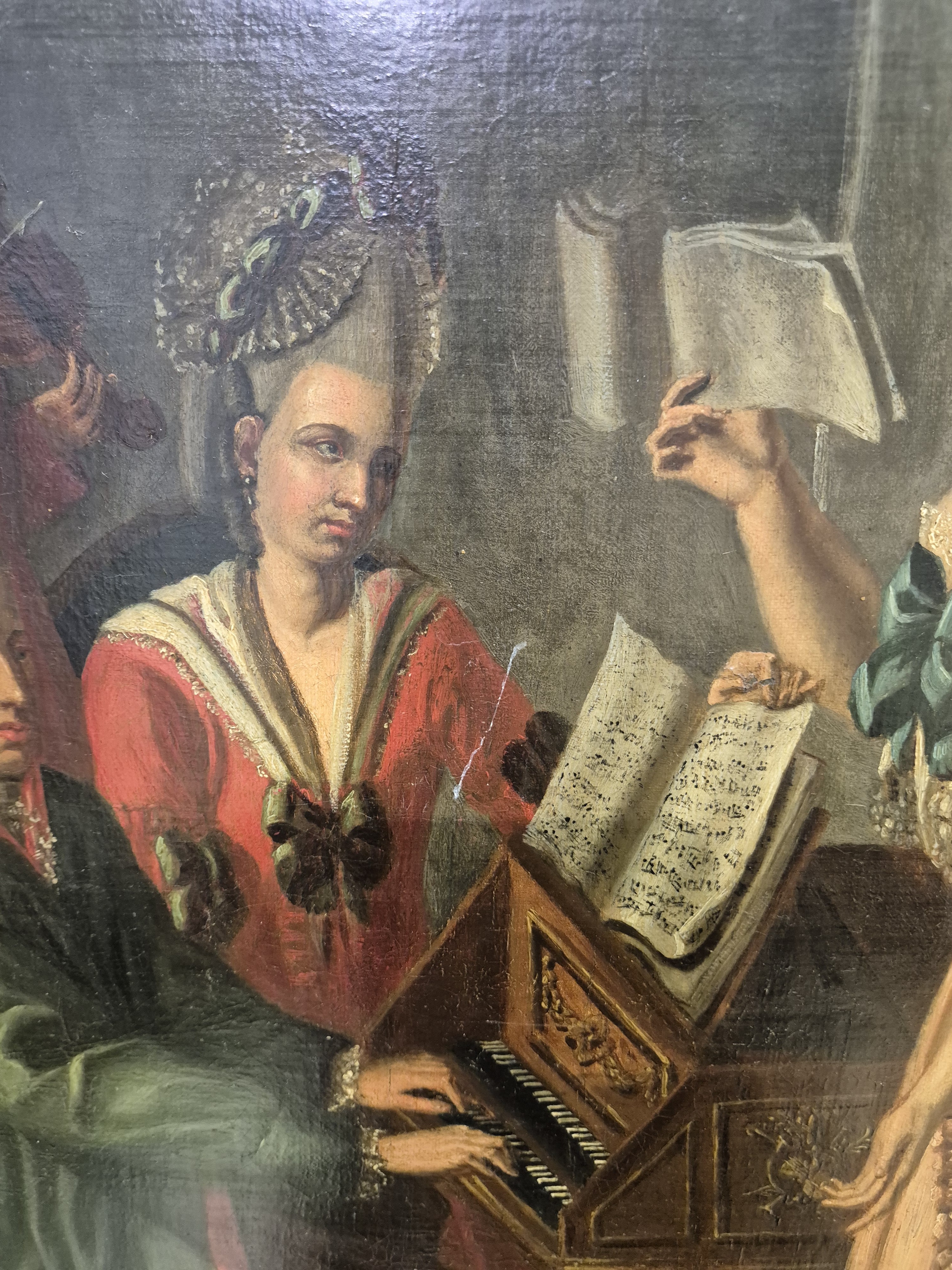 Detail c: Unbekannter Künstler der 2. Hälfte des 18.Jh. , Hauskonzert, Familienoberhaupt am Cembalo, die Damen beim Gesang, Haartracht und Kleidung des ...
