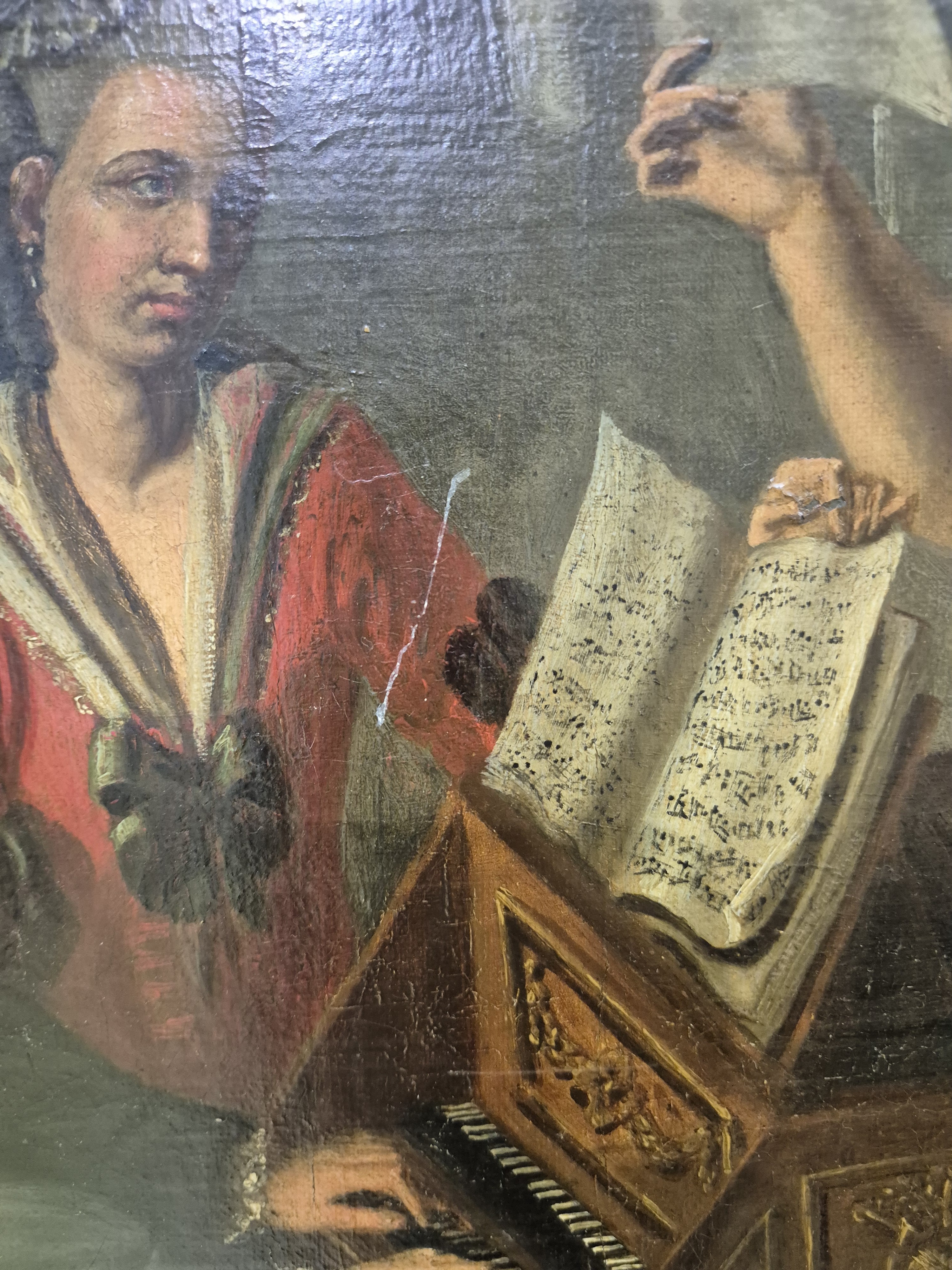 Detail g: Unbekannter Künstler der 2. Hälfte des 18.Jh. , Hauskonzert, Familienoberhaupt am Cembalo, die Damen beim Gesang, Haartracht und Kleidung des ...
