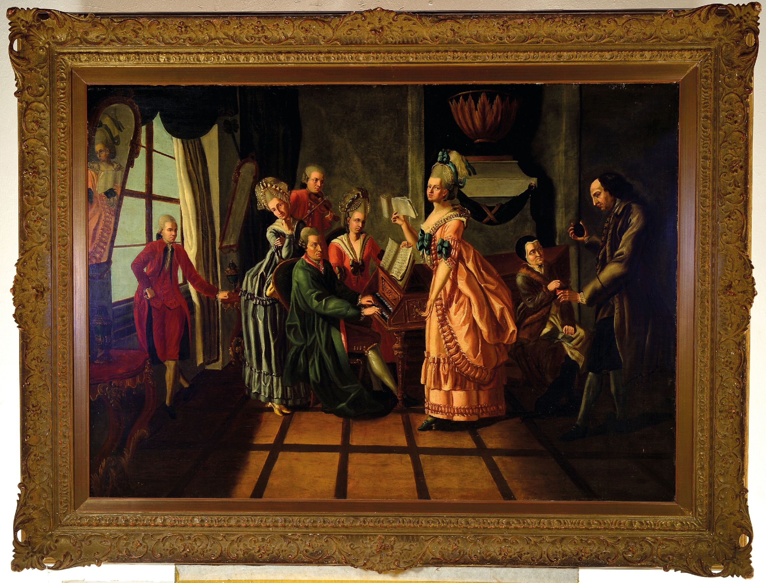 Detail k: Unbekannter Künstler der 2. Hälfte des 18.Jh. , Hauskonzert, Familienoberhaupt am Cembalo, die Damen beim Gesang, Haartracht und Kleidung des ...
