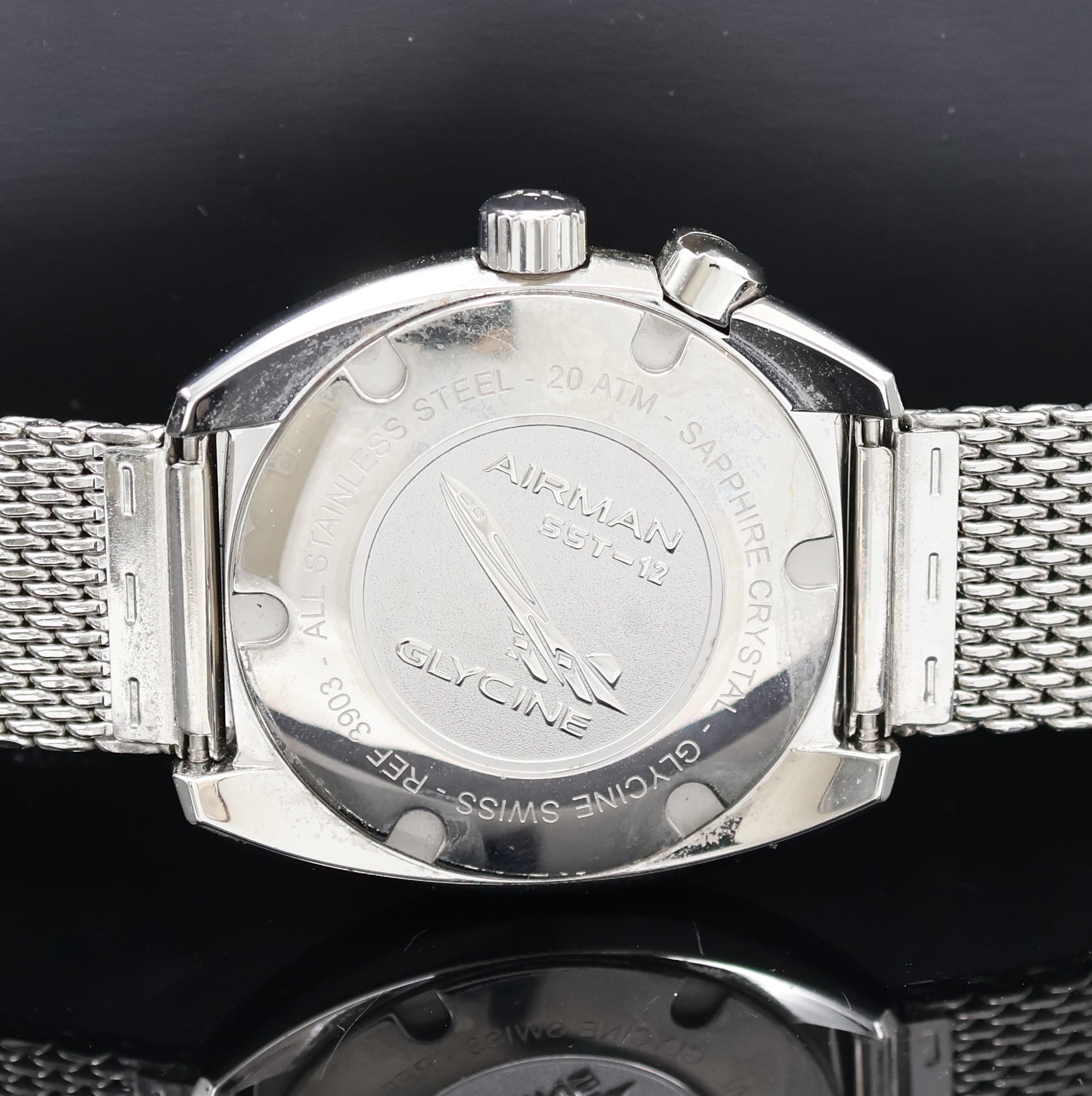 Detail e: GLYCINE Airman GMT Herrenarmbanduhr Referenz 3903, Schweiz um 2015, Automatik, Edelstahlgeh. inkl. orig. Stahlband, Boden u. Krone verschr., ...