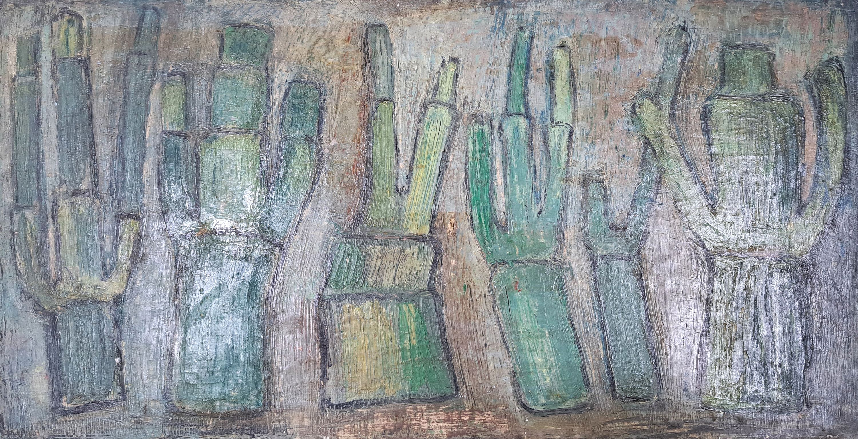 Detail k: Drei Arbeiten von Charlotte Rödel-Voss, Komposition mit Schachtelhalm-Gewächsen, Öl/Platte, ca. 28x53 cm, Frau mit Säbel, Öl/Platte, ca. 43x35 ...