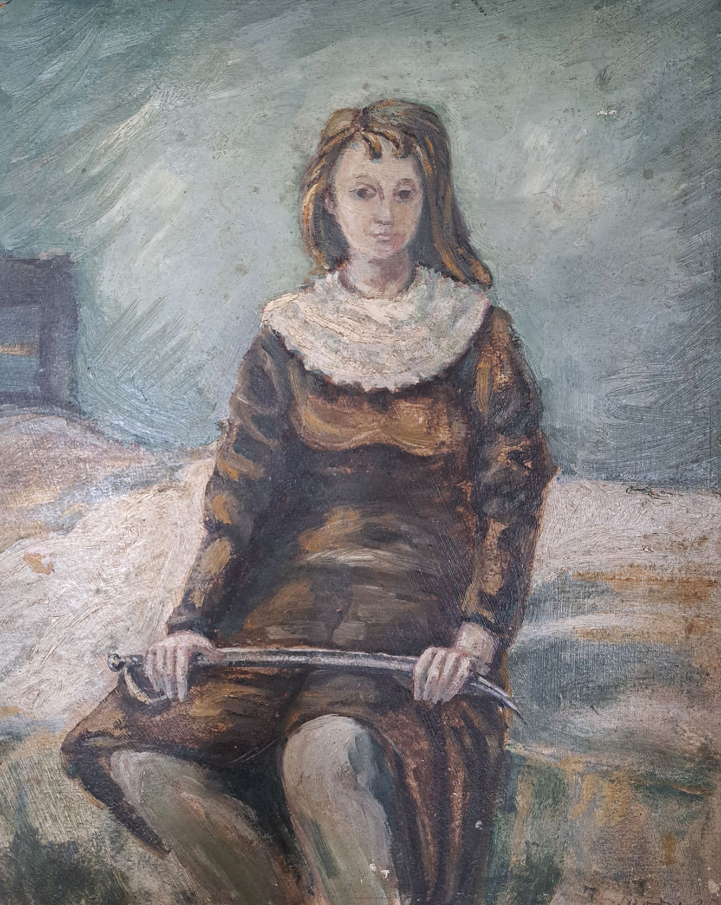 Detail l: Drei Arbeiten von Charlotte Rödel-Voss, Komposition mit Schachtelhalm-Gewächsen, Öl/Platte, ca. 28x53 cm, Frau mit Säbel, Öl/Platte, ca. 43x35 ...