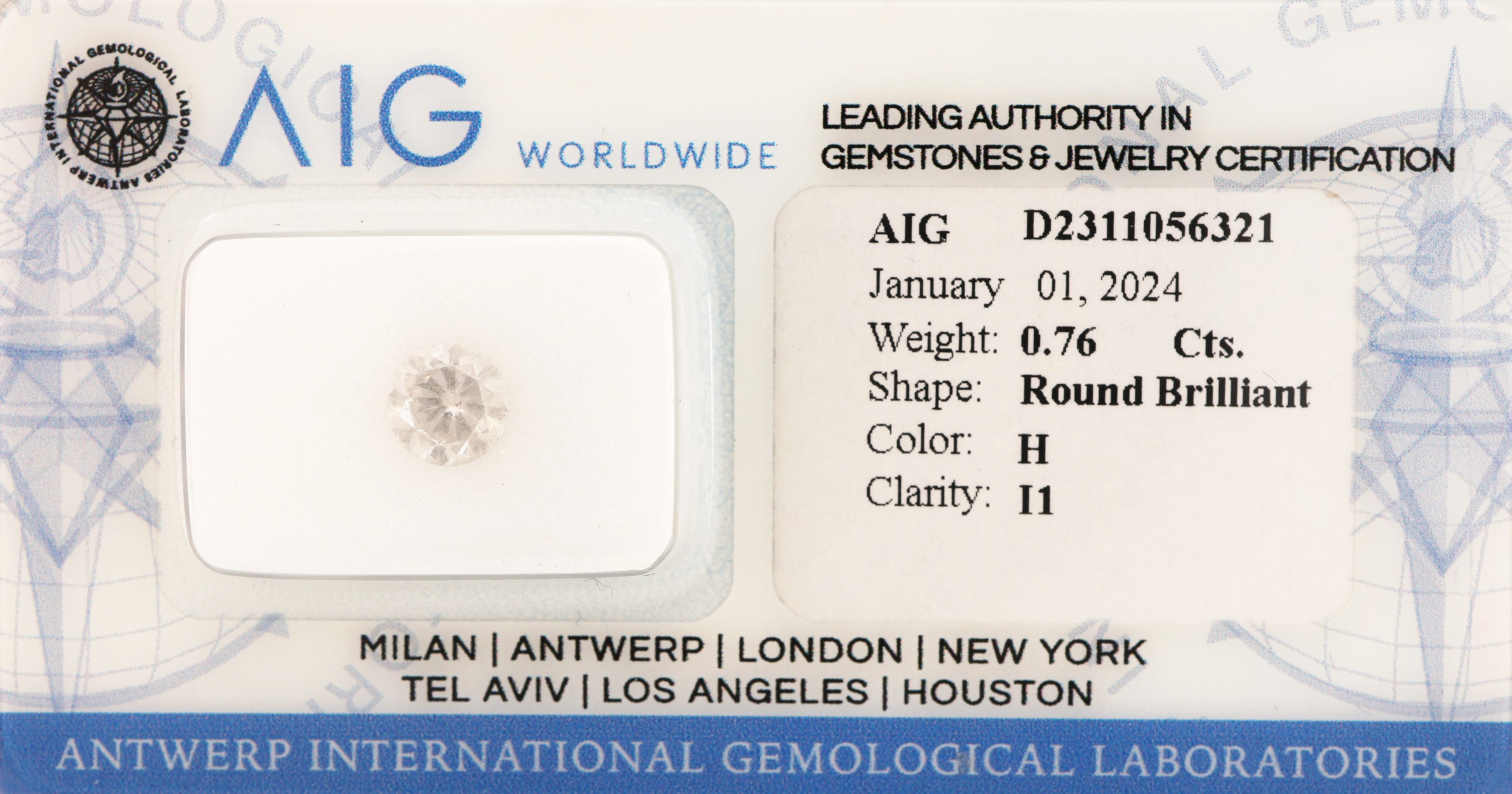 Image 27024016 - Loser Brillant, 0.76 ct, Weiß(H)/p1, eingeschweißt, mit AIG-Expertise Schätzpreis: ...