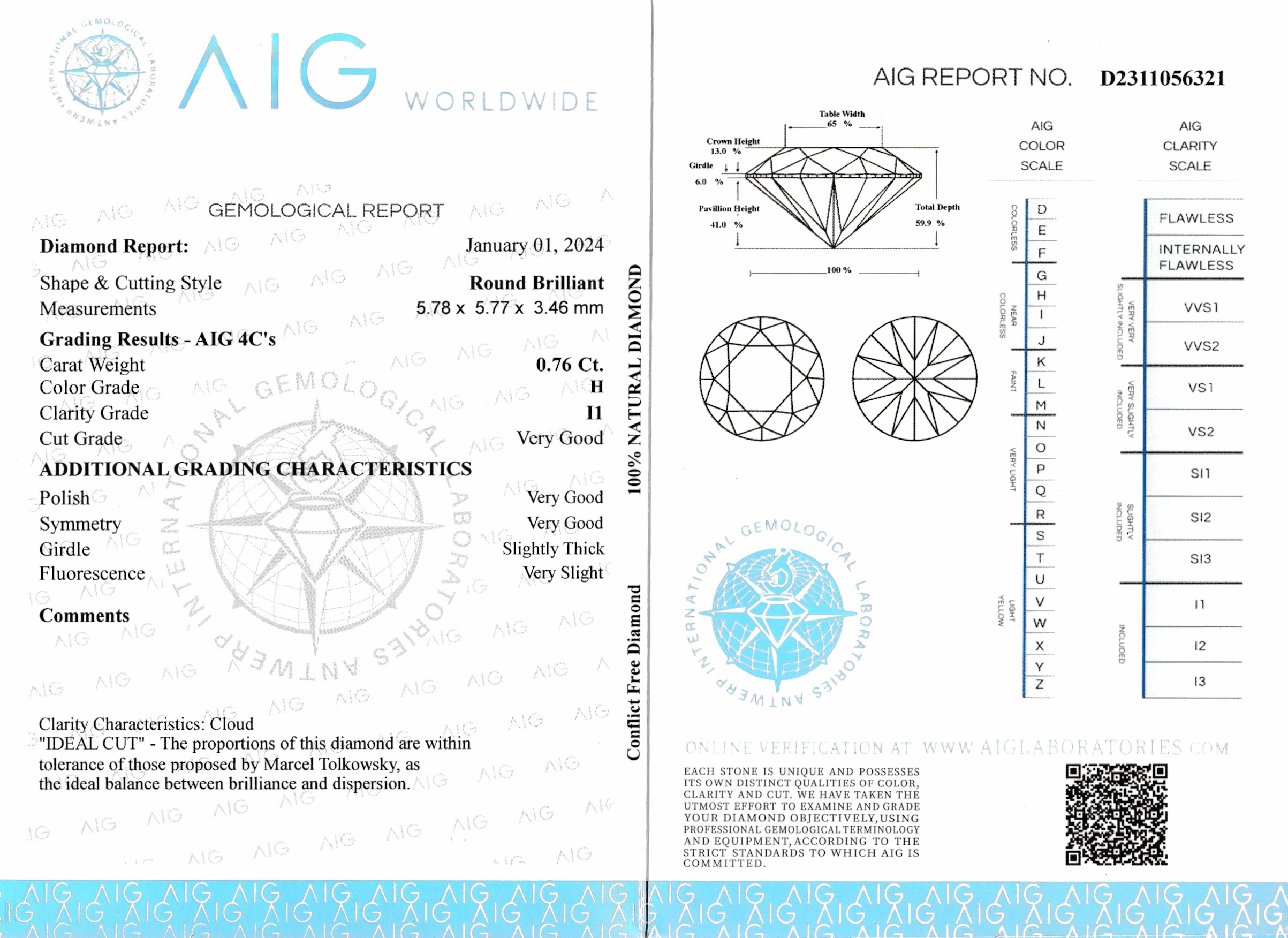 Detail a: Loser Brillant, 0.76 ct, Weiß(H)/p1, eingeschweißt, mit AIG-Expertise