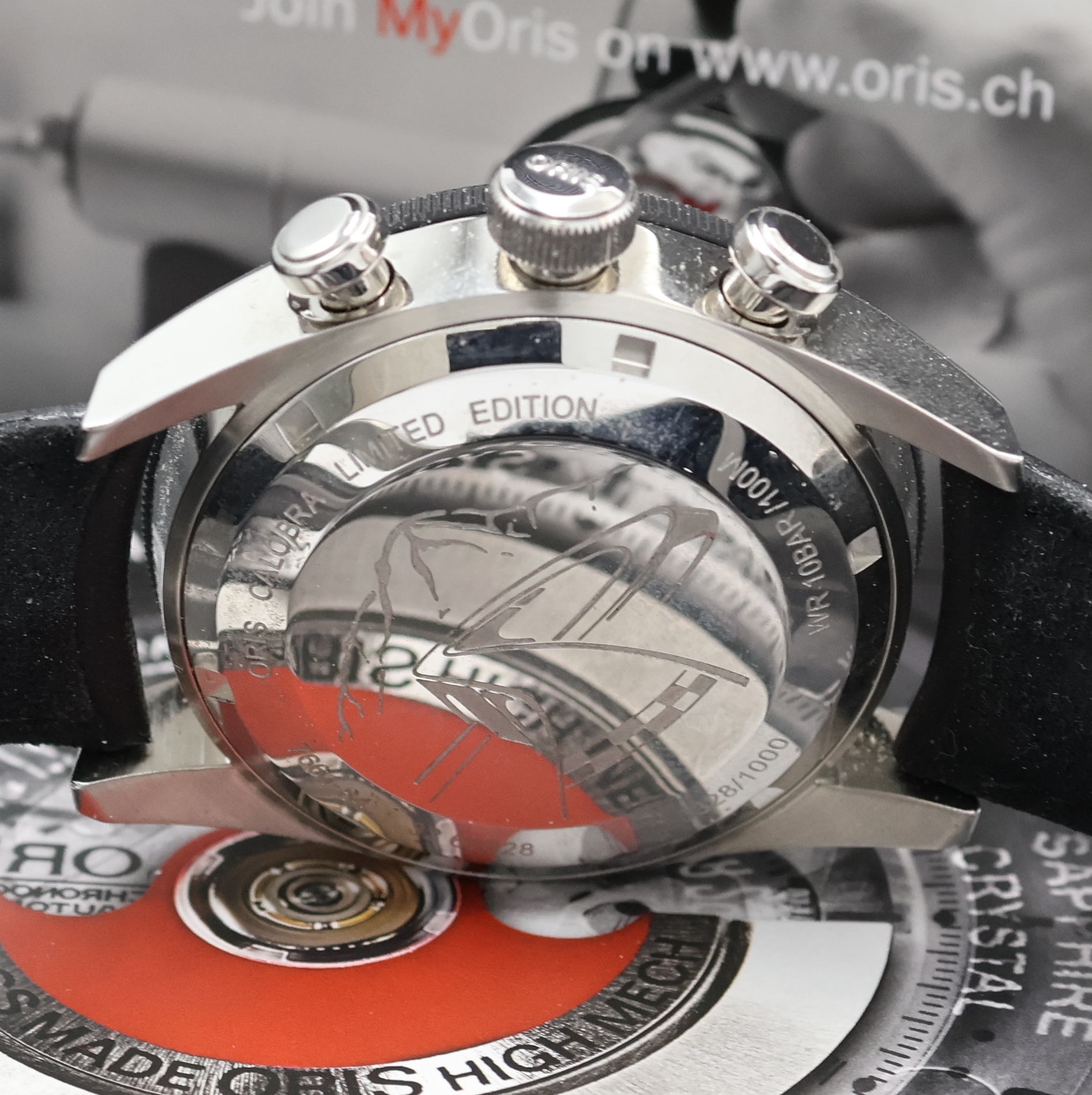 Detail e: ORIS auf 1000 Stück limitierter Herrenchronograph Modell Calobra Referenz 7661-84, Schweiz um 2010, Automatik, Edelstahlgeh. inkl. orig. Lederband ...