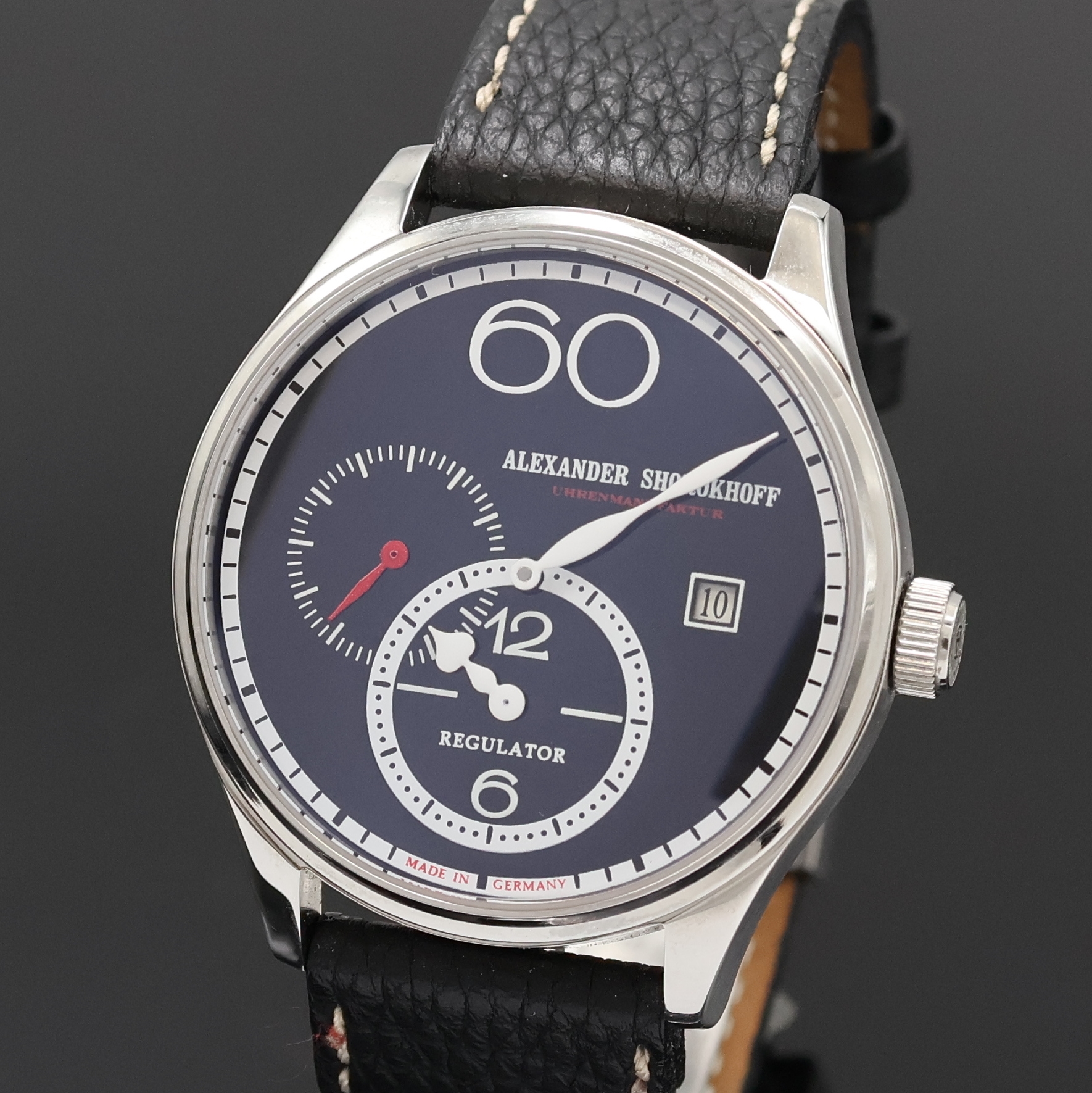 Detail a: ALEXANDER SHOROKHOFF Regulateur Herrenarmbanduhr in Stahl, Deutschland um 2015, Handaufzug, beids. vergl. Geh. m. orig. Lederband m. Faltschl., Boden ...