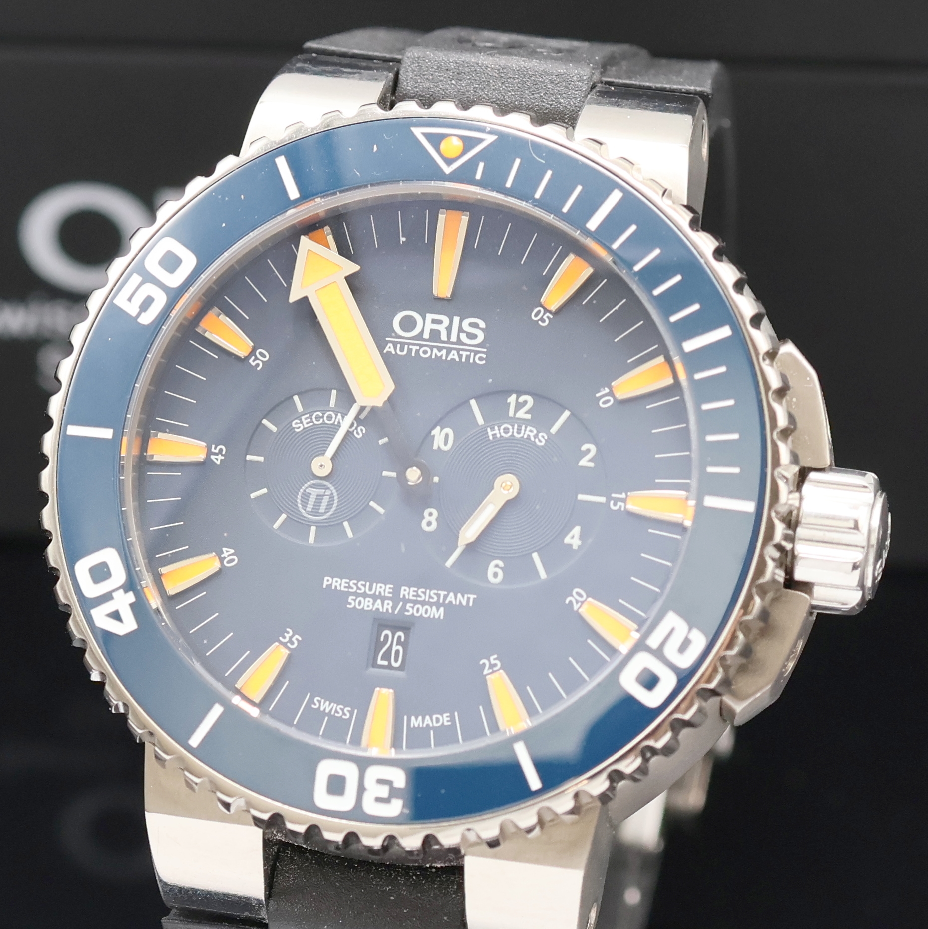 Detail a: ORIS Tubbataha Regulateur auf 2000 Stück limitierte Herrenarmbanduhr Referenz 7663, Schweiz um 2013, Automatik, Geh. in Titan m. orig. Kautschukband ...