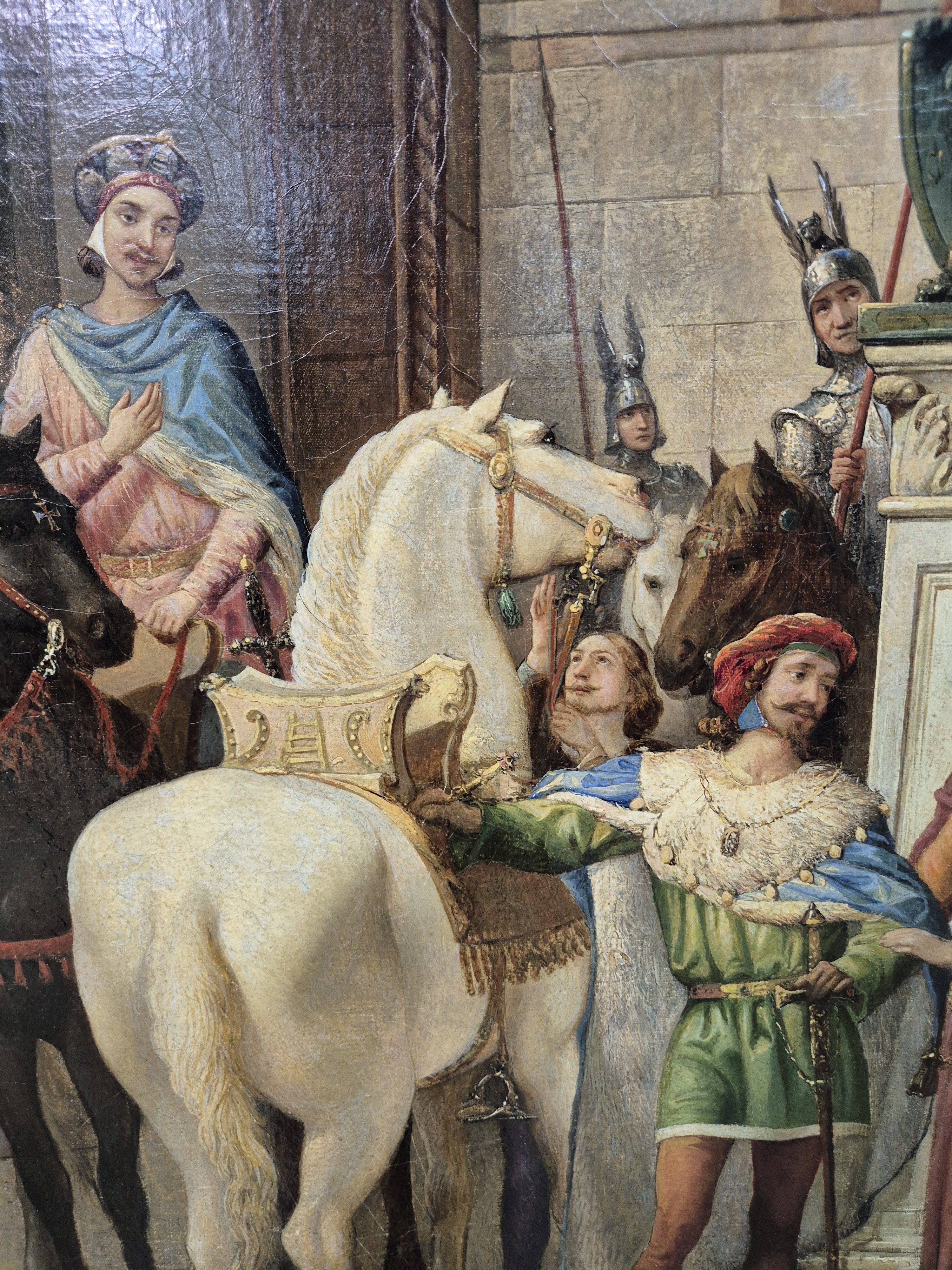 Detail a: Carlo Ferrari gen. Il Ferrarin, 1813 Verona -1871, Historiengemälde mit Szene der Veroneser Familie della Scala des 13./14.Jh., Figurengruppe im ...