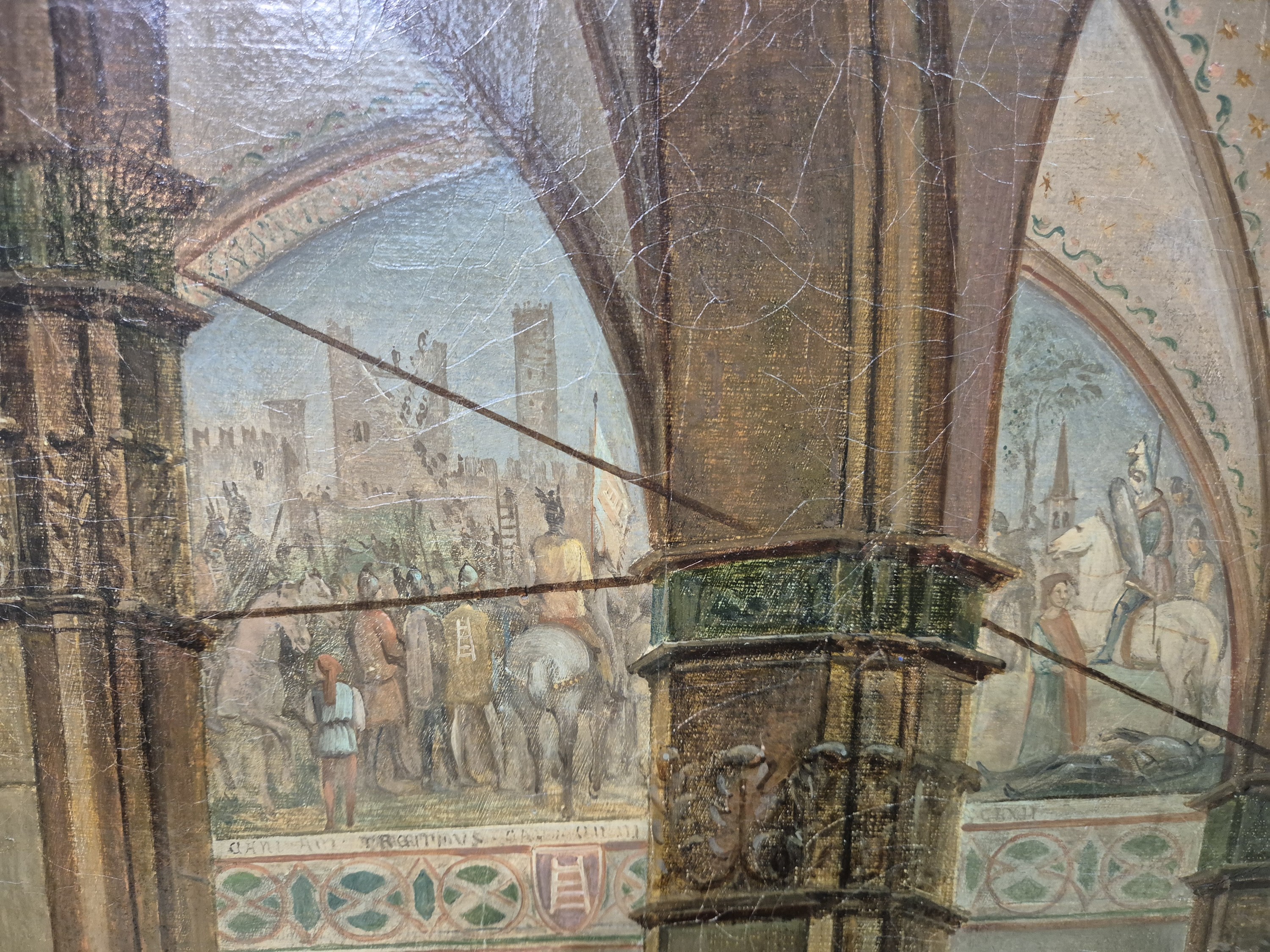 Detail e: Carlo Ferrari gen. Il Ferrarin, 1813 Verona -1871, Historiengemälde mit Szene der Veroneser Familie della Scala des 13./14.Jh., Figurengruppe im ...