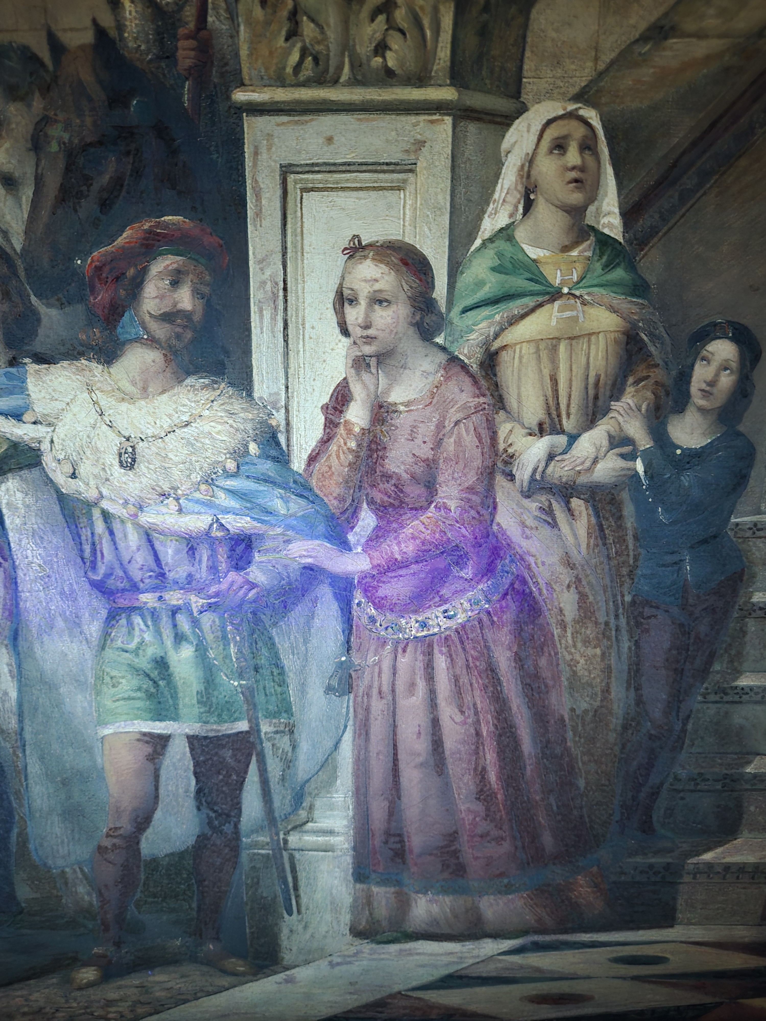 Detail g: Carlo Ferrari gen. Il Ferrarin, 1813 Verona -1871, Historiengemälde mit Szene der Veroneser Familie della Scala des 13./14.Jh., Figurengruppe im ...
