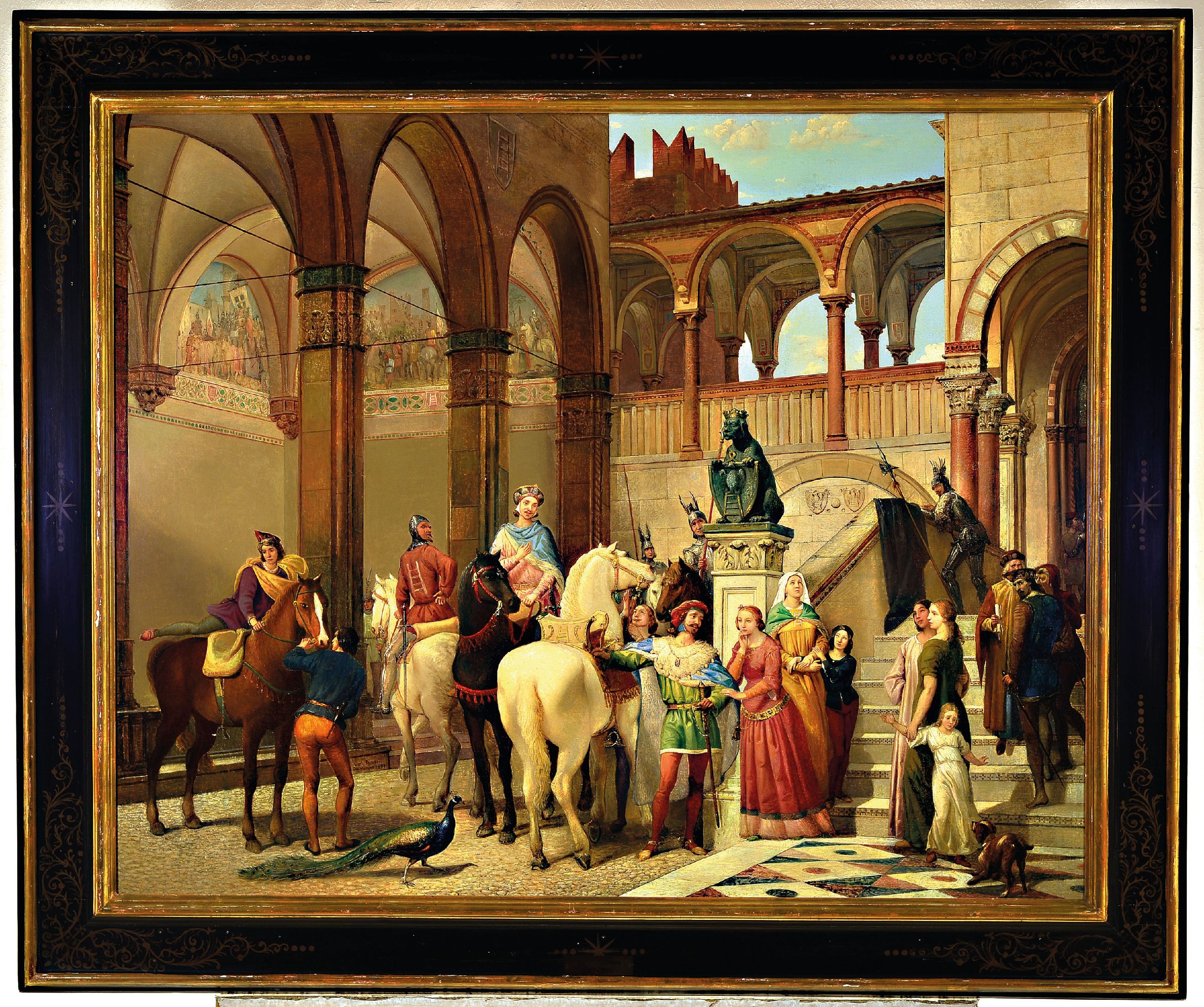 Detail k: Carlo Ferrari gen. Il Ferrarin, 1813 Verona -1871, Historiengemälde mit Szene der Veroneser Familie della Scala des 13./14.Jh., Figurengruppe im ...