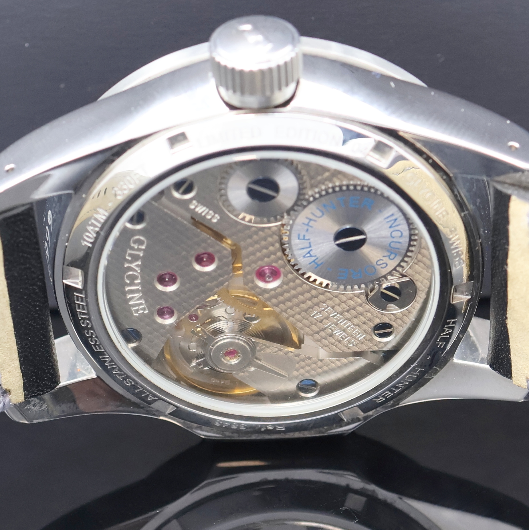 Detail h: GLYCINE Incursore Half Hunter auf 999 Stück limitierte Armbanduhr Referenz 3843, Schweiz um 2010, Handaufzug, beids. vergl. Edelstahlgeh., orig. ...