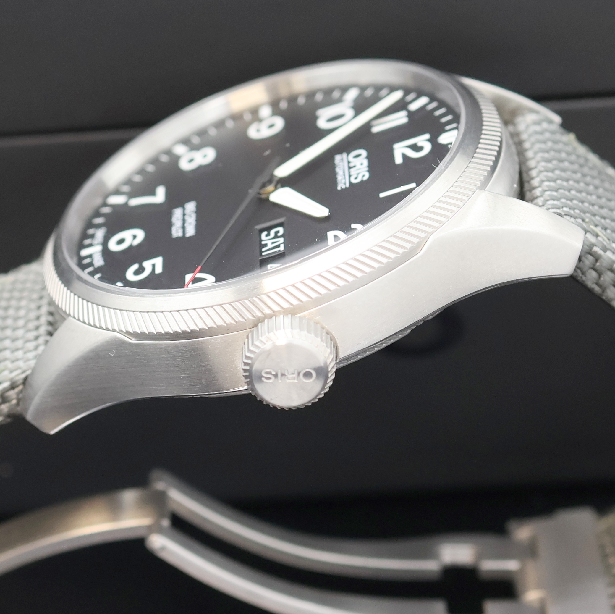 Detail d: ORIS Big Crown Pro Pilot Herrenarmbanduhr Referenz 7698, Schweiz verk. lt. beil. Garantie 09/2017, Automatik, Edelstahlgeh. inkl. orig. Textilband m. ...