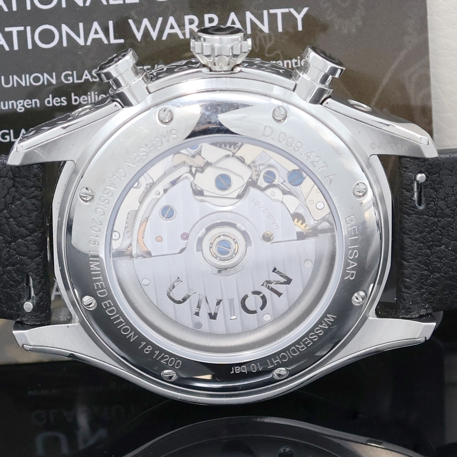 Detail e: UNION GLASHÜTTE Belisar auf 200 Stück limitierter Armbandchronograph Referenz D009.427, Deutschland um 2015, Automatik, beids. vergl. Geh. inkl. ...