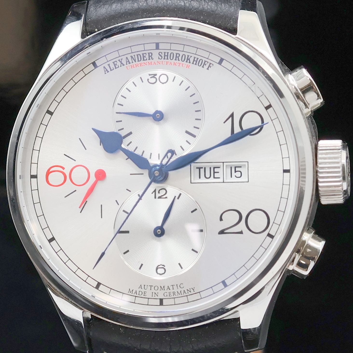 Detail a: ALEXANDER SHOROKHOFF Armbandchronograph in Stahl, Deutschland um 2015, Automatik, beids. vergl. Edelstahlgeh. inkl. orig. Lederband m. Faltschl., ...