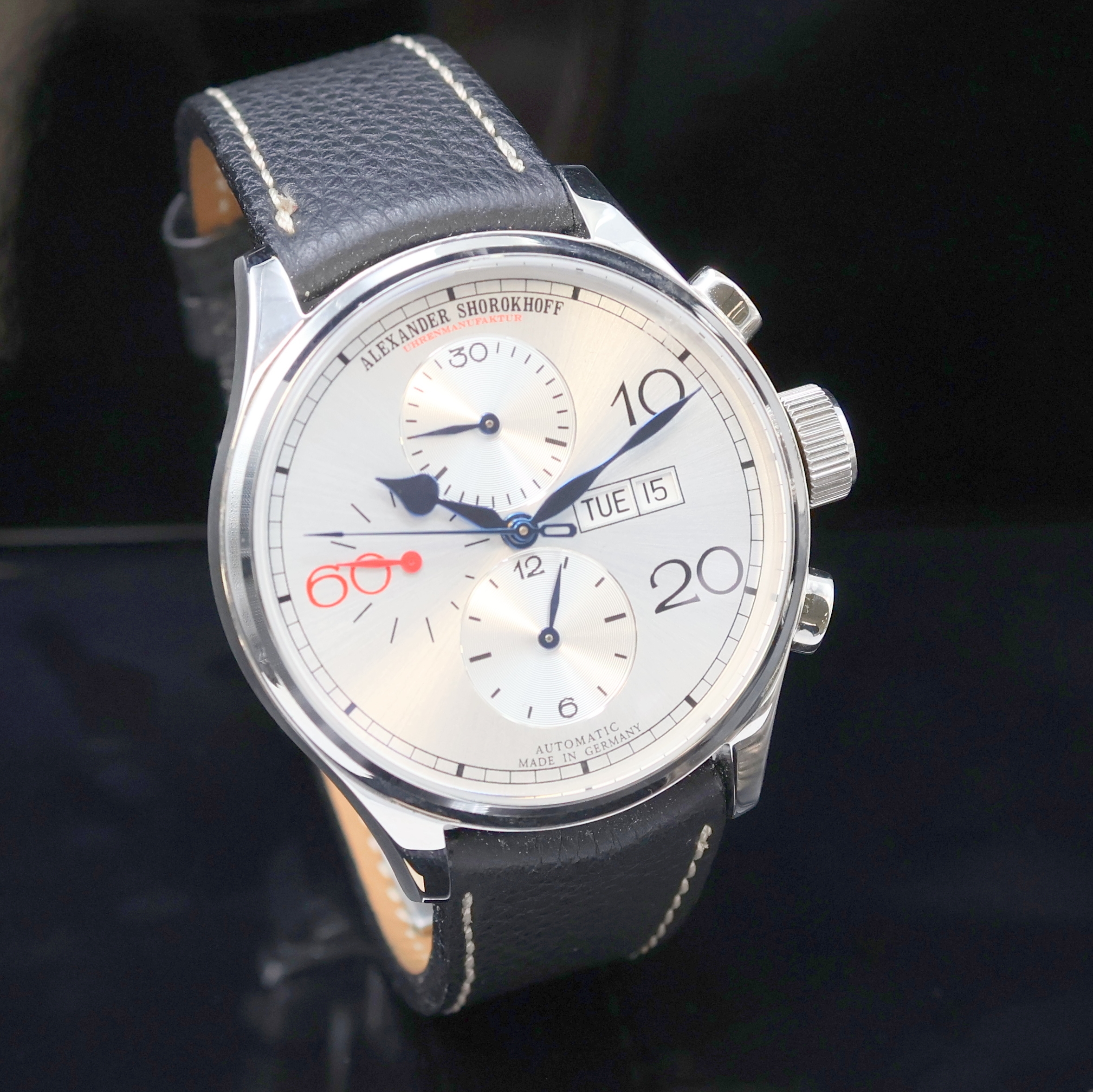 Detail b: ALEXANDER SHOROKHOFF Armbandchronograph in Stahl, Deutschland um 2015, Automatik, beids. vergl. Edelstahlgeh. inkl. orig. Lederband m. Faltschl., ...