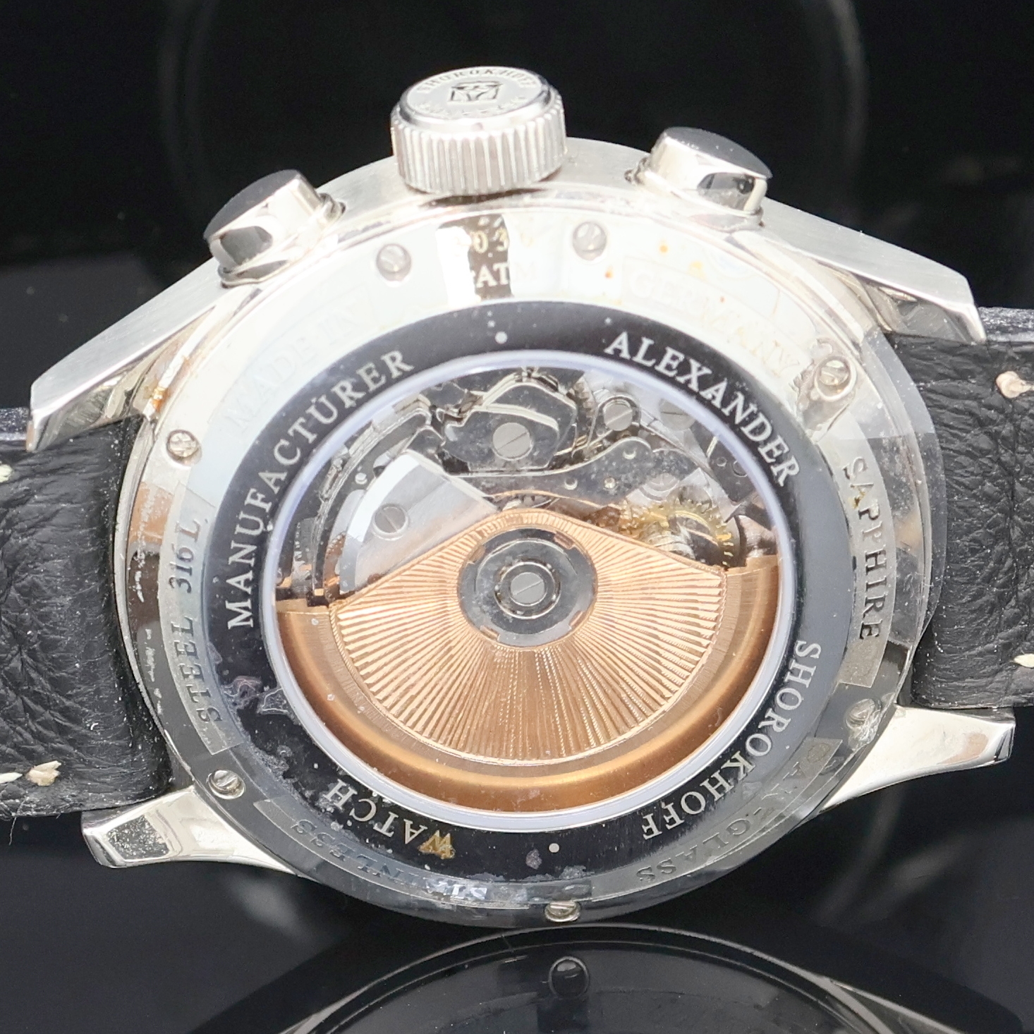 Detail e: ALEXANDER SHOROKHOFF Armbandchronograph in Stahl, Deutschland um 2015, Automatik, beids. vergl. Edelstahlgeh. inkl. orig. Lederband m. Faltschl., ...