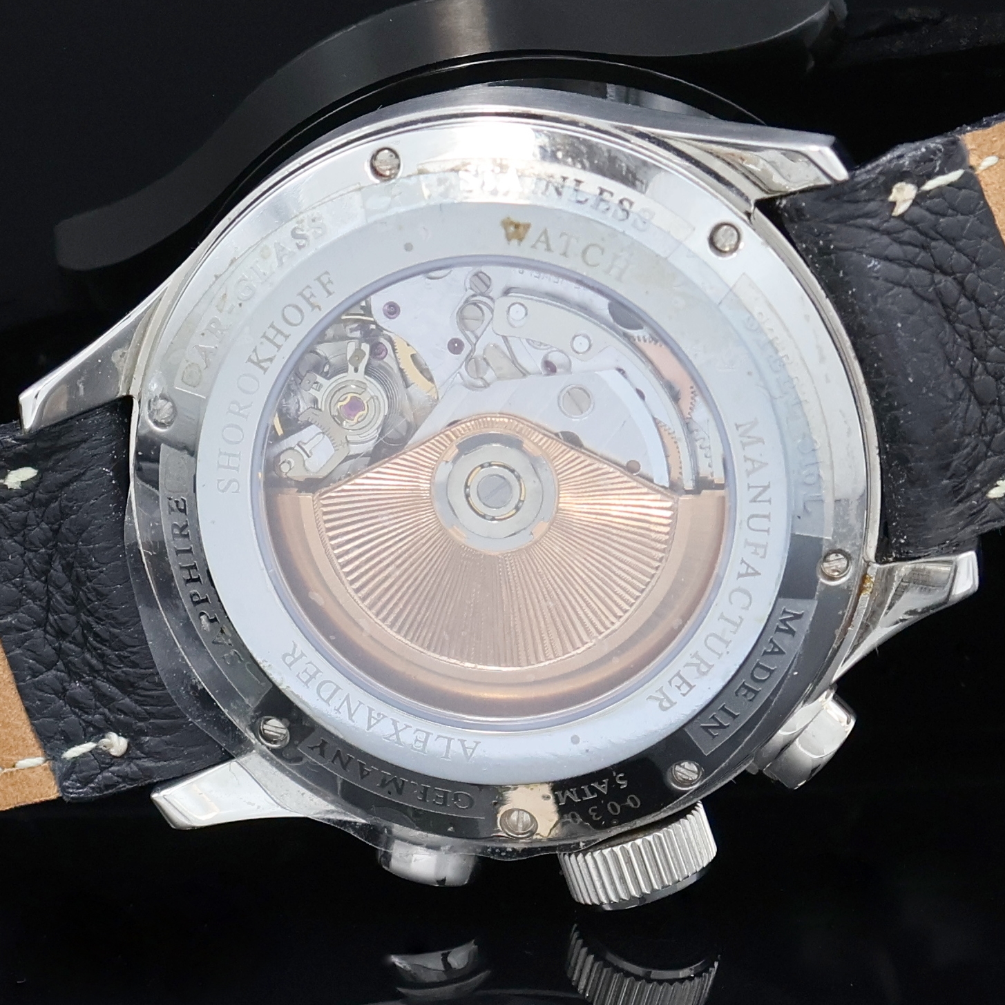 Detail f: ALEXANDER SHOROKHOFF Armbandchronograph in Stahl, Deutschland um 2015, Automatik, beids. vergl. Edelstahlgeh. inkl. orig. Lederband m. Faltschl., ...