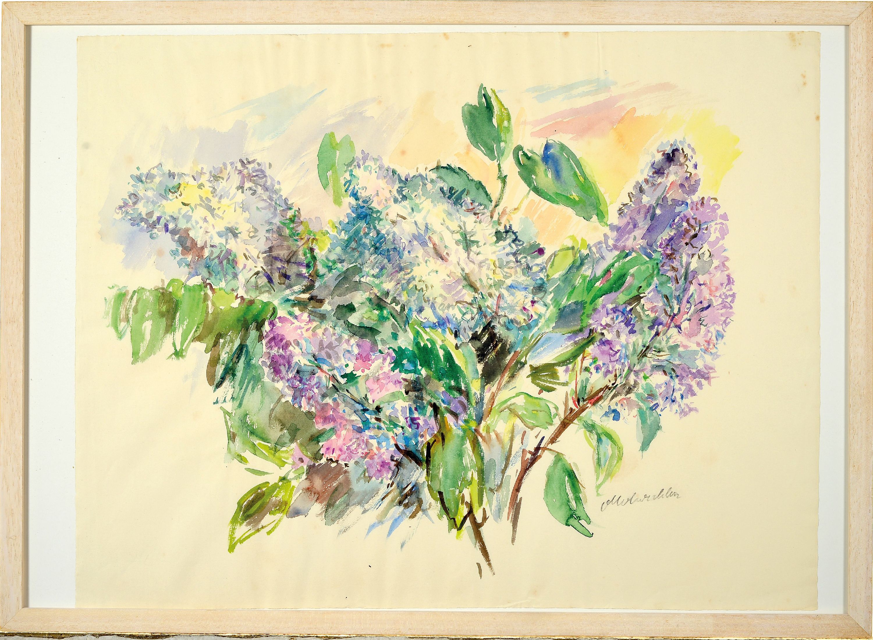 Detail k: Oskar Kokoschka, 1886 Pöchlarn-1980 Montreux , Aquarell auf Hahnemühle, Fliederstrauss, 1960er-Jahre, rechts unten signiert, Blatt 48 ,5x62,5 cm, ...