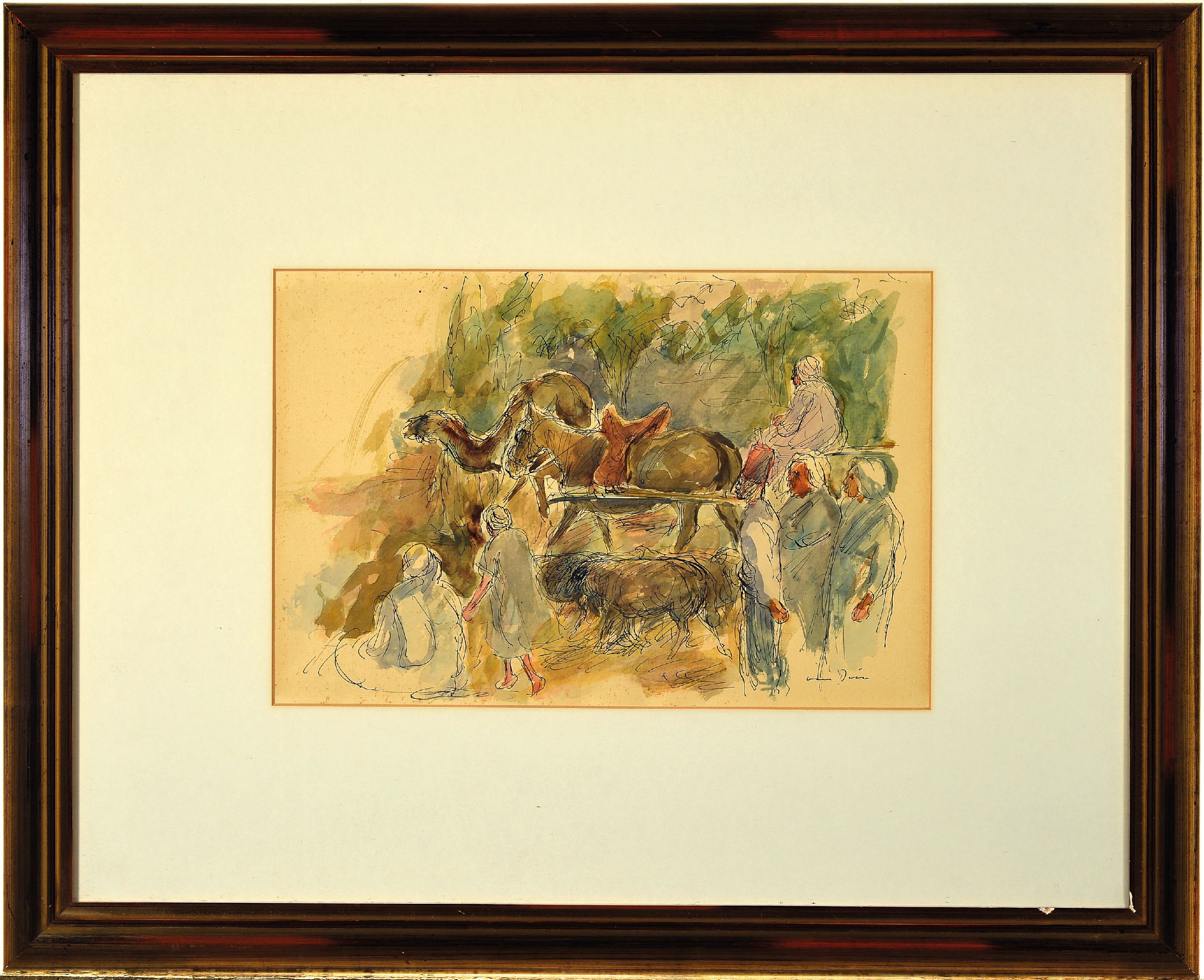 Detail k: Otto Dill, 1884 Neustadt-1957 Bad Dürkheim, aquarellierte Federzeichnung, arabische Straßenszene mit Schafen, Pferd und Kamel, entstanden wohl im ...