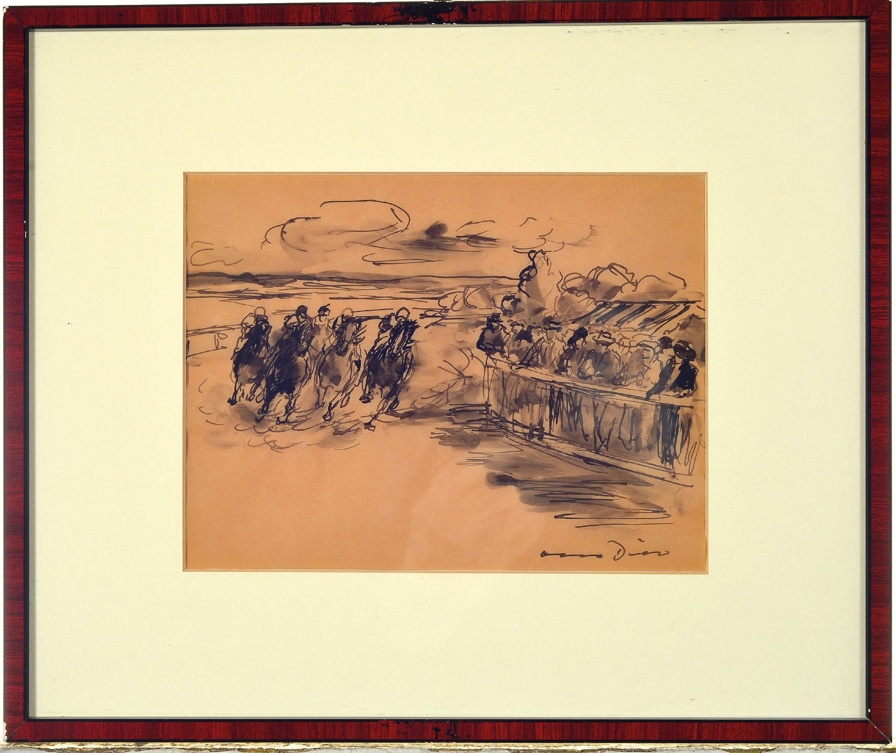 Detail k: Otto Dill, 1884 Neustadt-1957 Bad Dürkheim, Tuschezeichnung, Pferderennen, in der Kurve, rechts unten signiert, auf braunem Papier, PP Ausschnitt ...