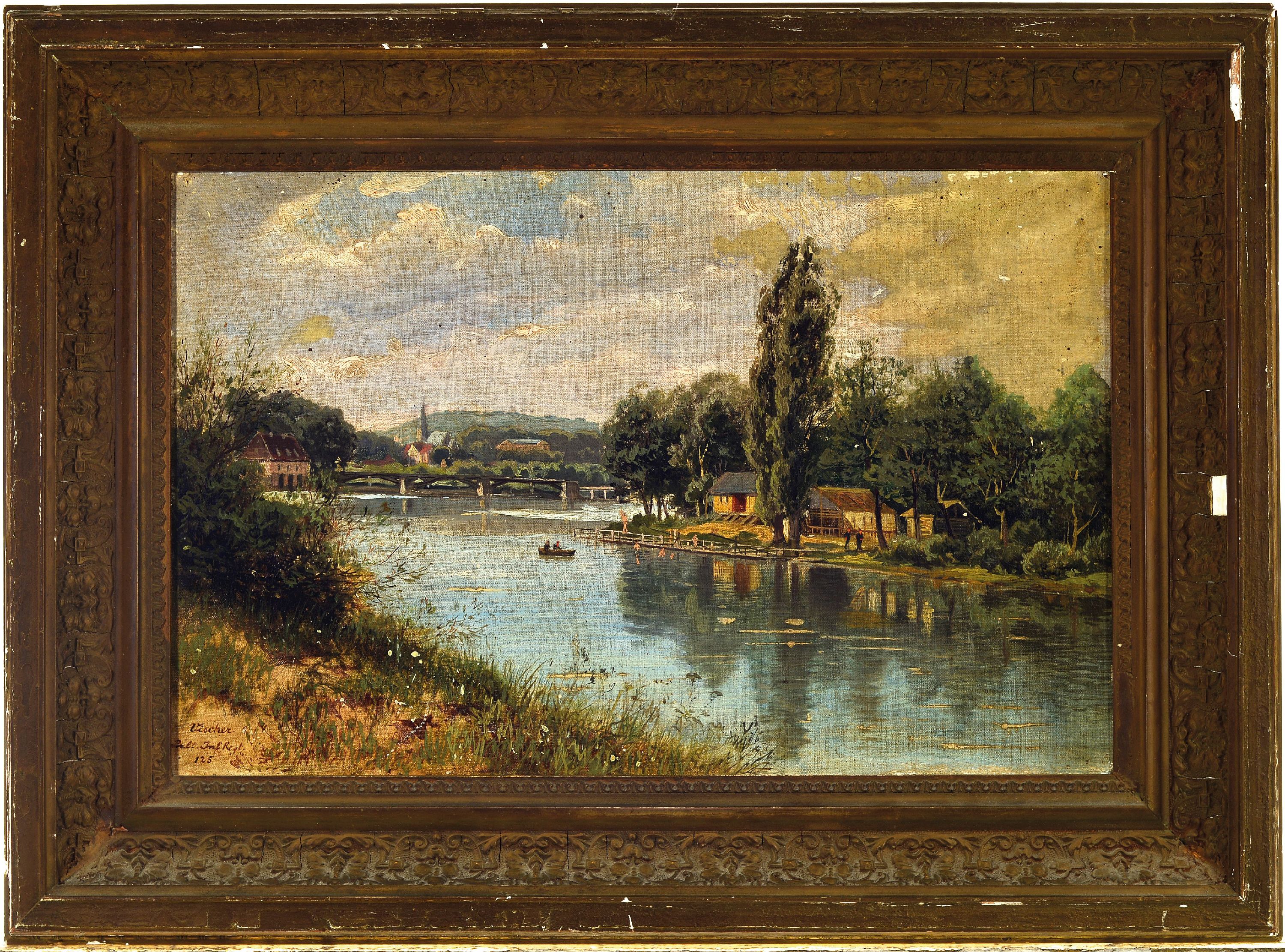 Detail k: August Vischer, 1821 Waldangelloch-1898 Karlsruhe, wohl Rheinlandschaft, Blick entlang des Flusslaufes mit Dorf-Silhouette und Figurenstaffage, links ...
